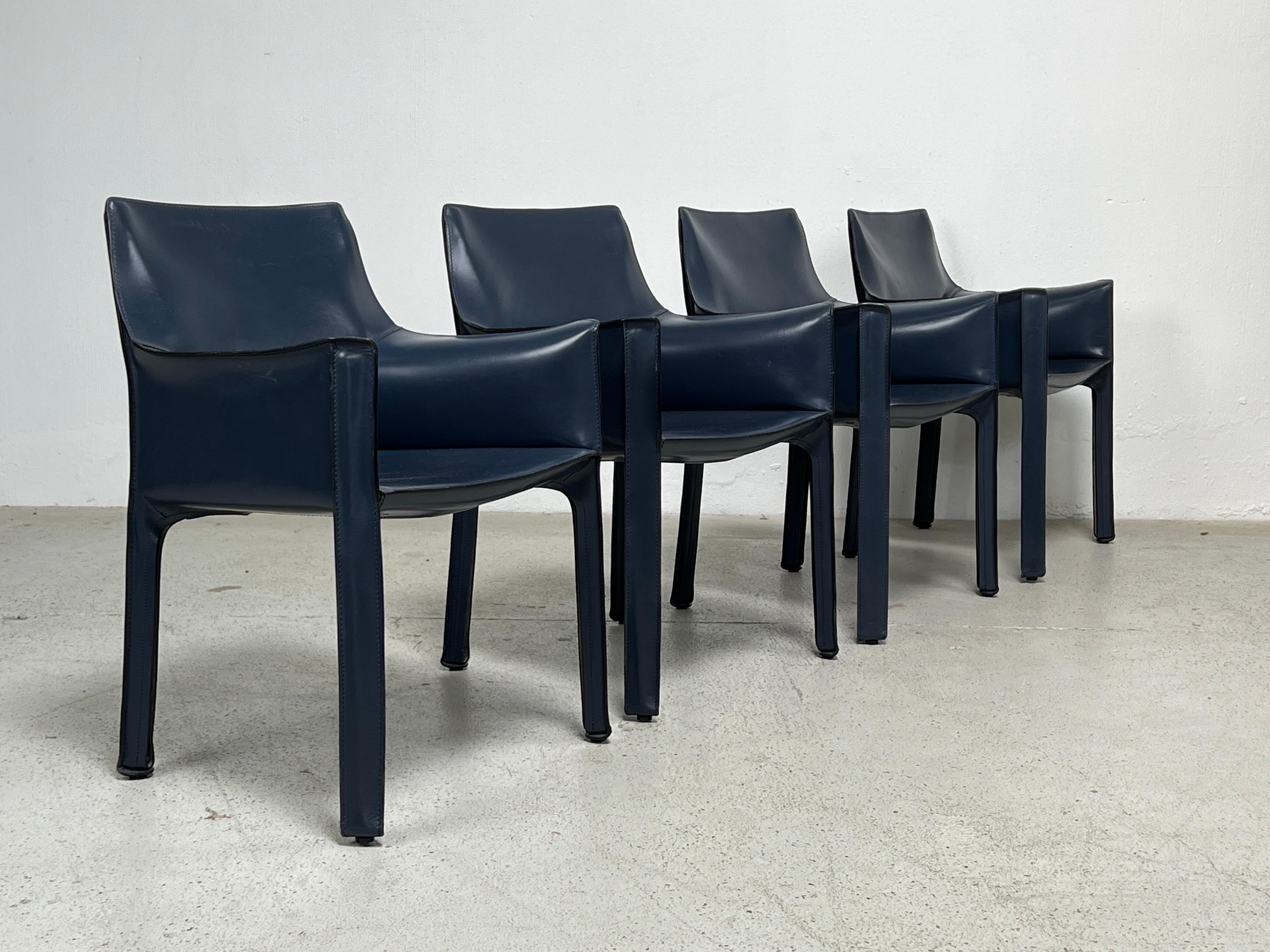 Late 20th Century Four Blue Leather Cab Arm Chairs by Mario Bellini  For Sale