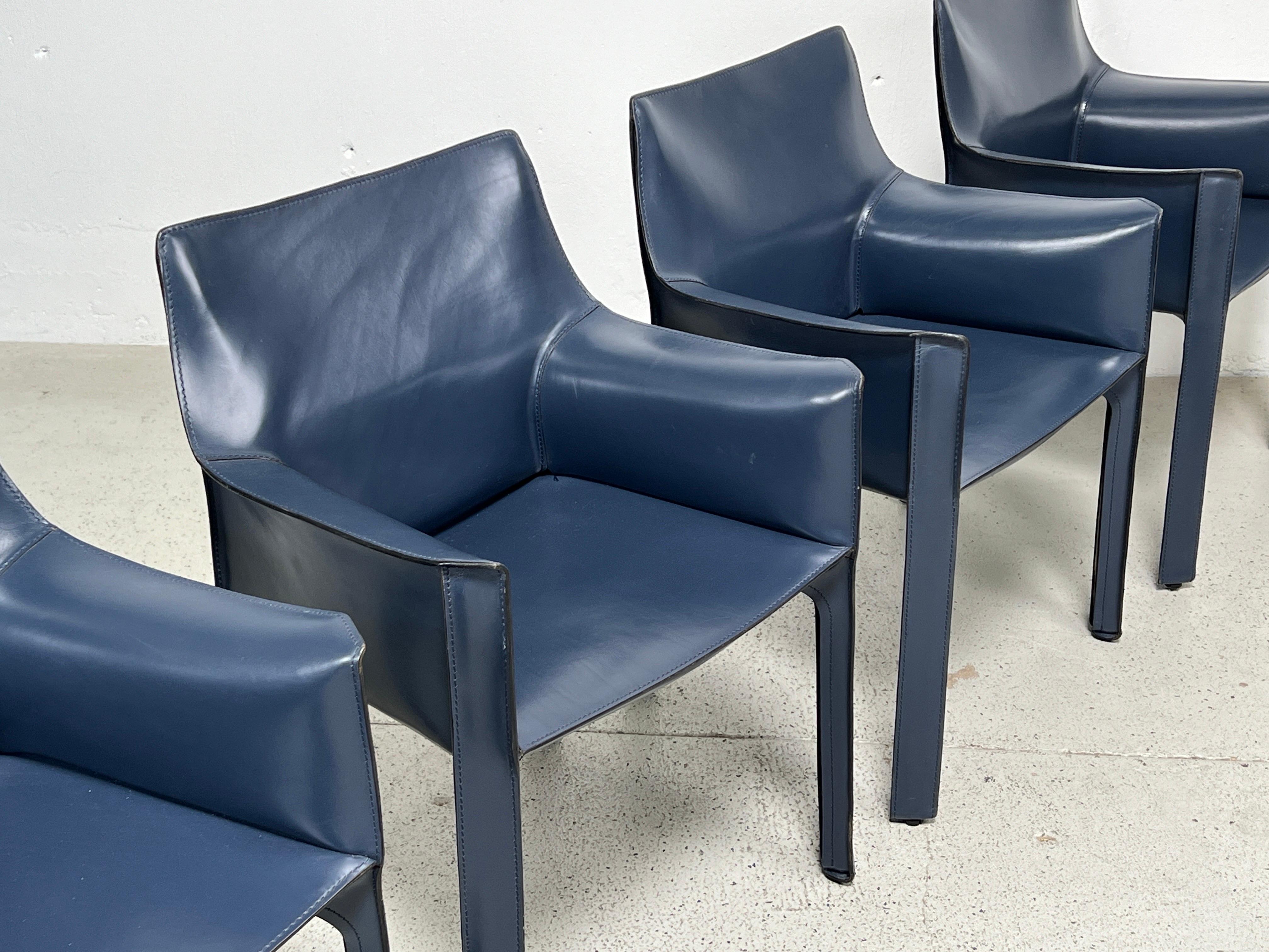 Four Blue Leather Cab Arm Chairs by Mario Bellini  For Sale 1