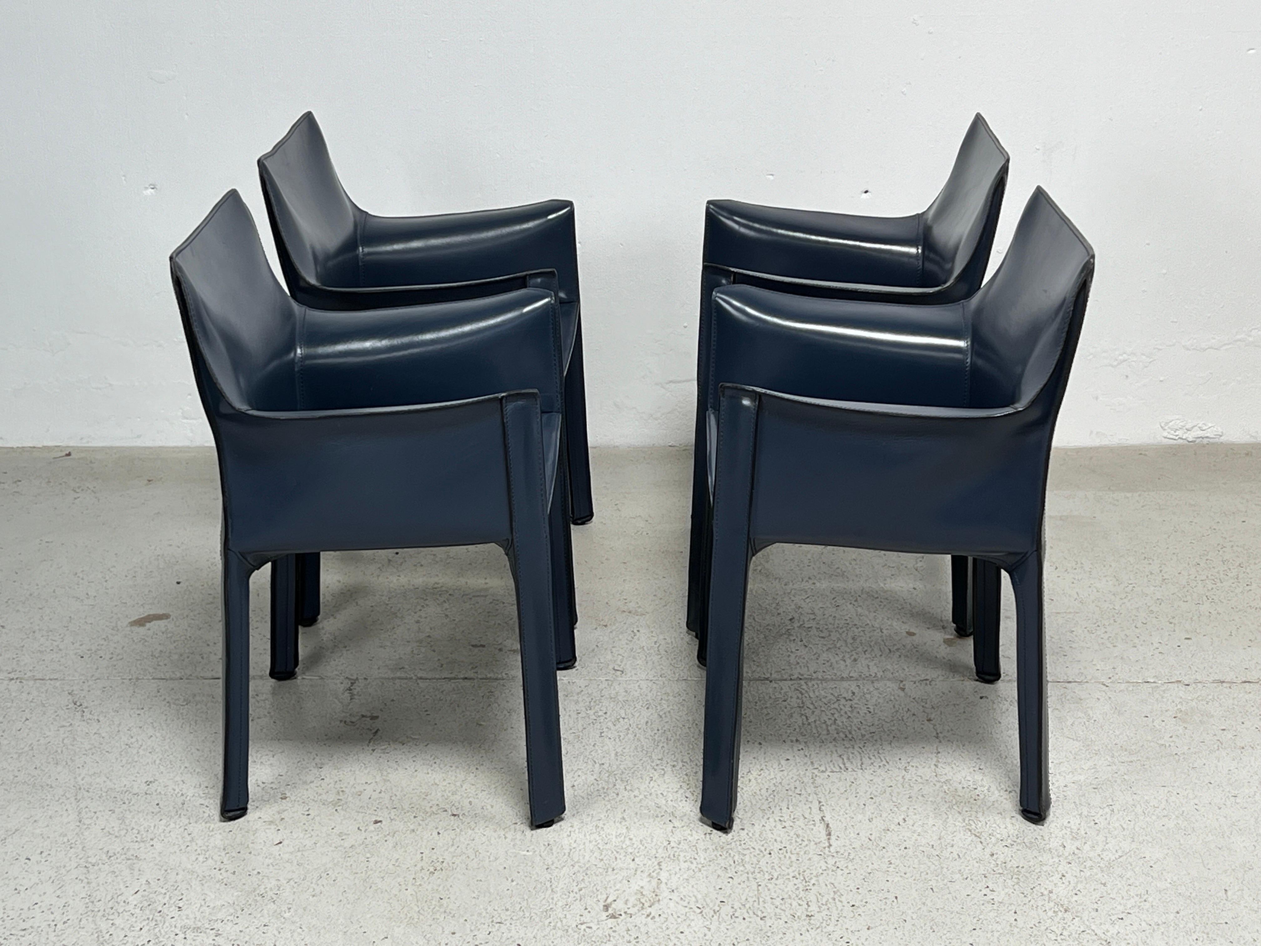 Four Blue Leather Cab Arm Chairs by Mario Bellini  For Sale 2