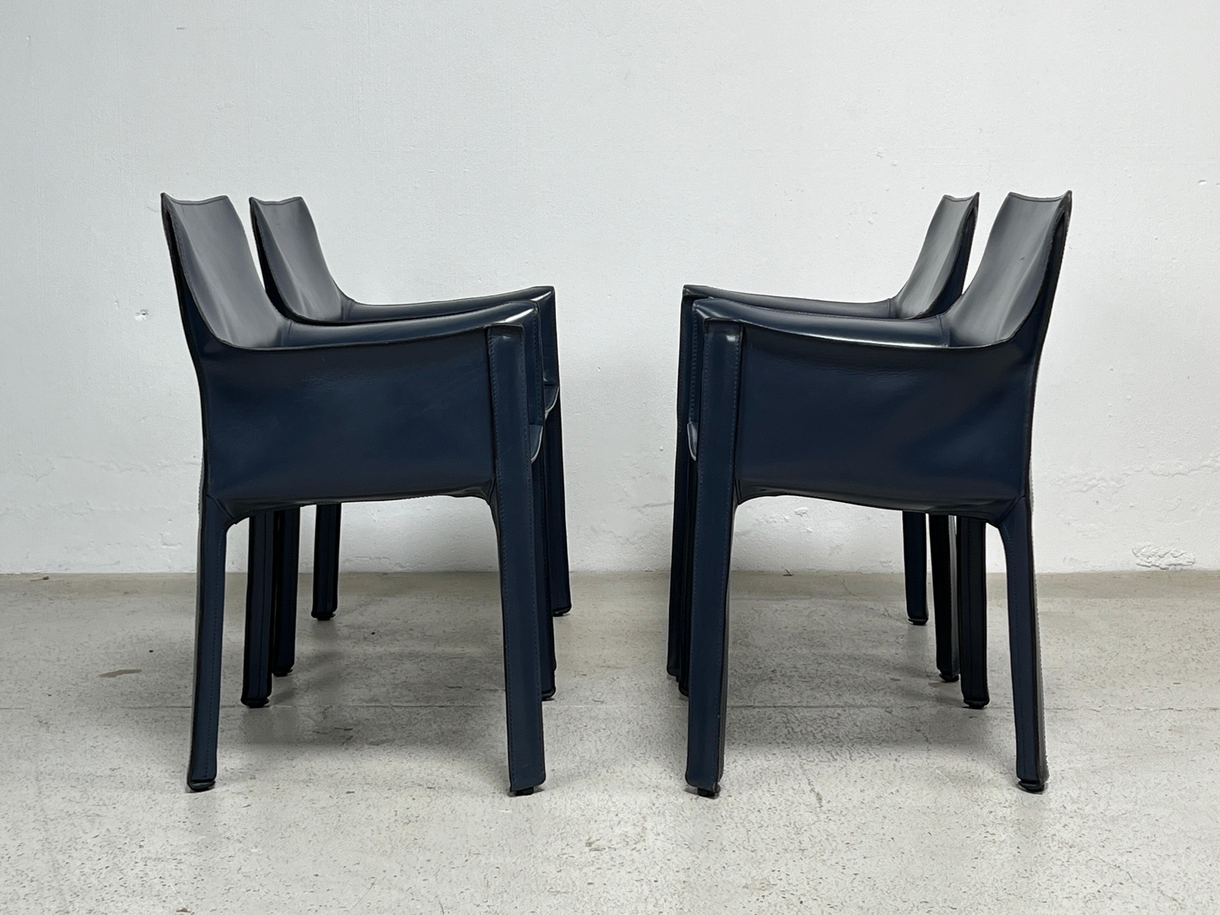 Four Blue Leather Cab Arm Chairs by Mario Bellini  For Sale 3