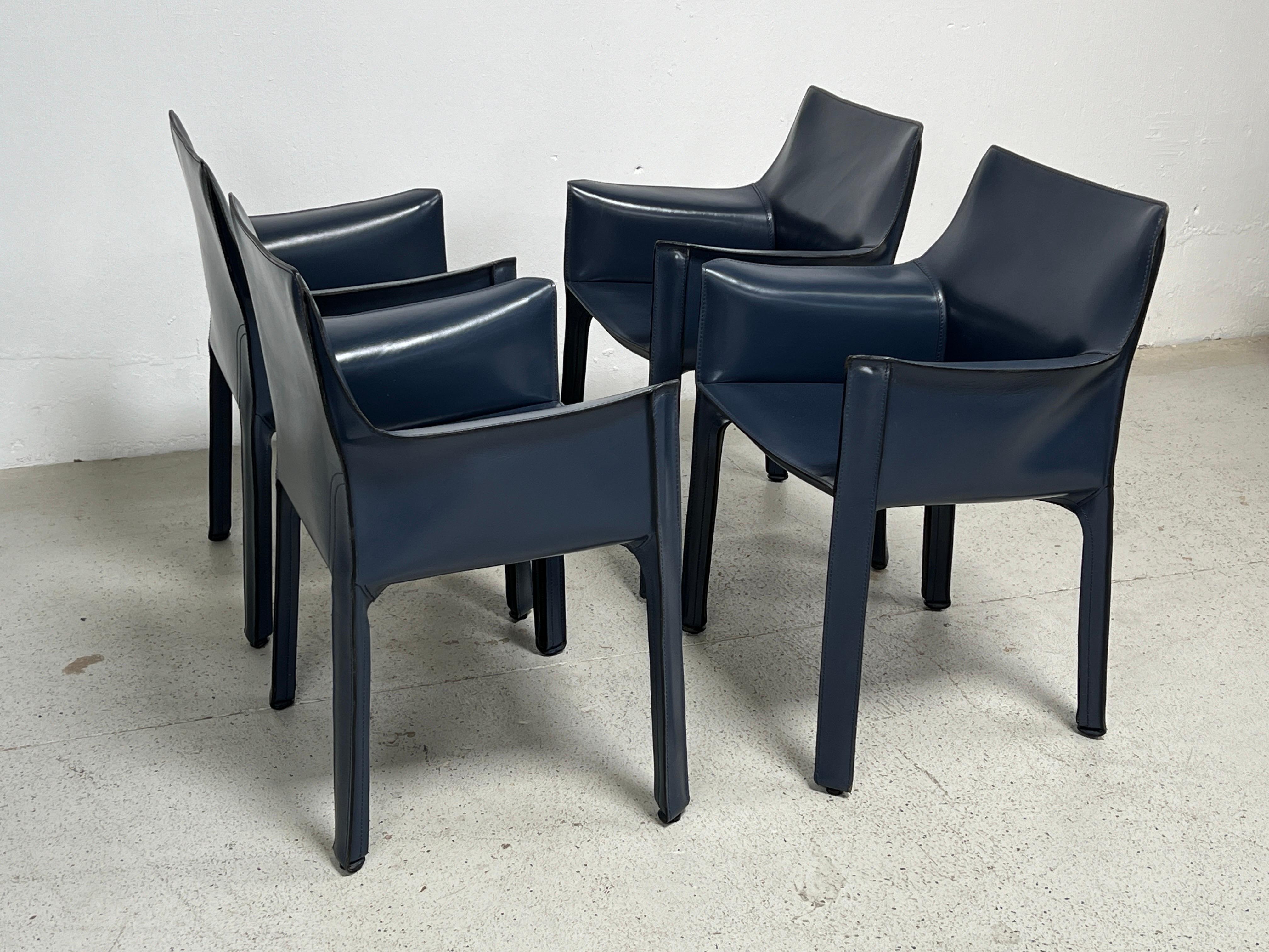 Four Blue Leather Cab Arm Chairs by Mario Bellini  For Sale 4