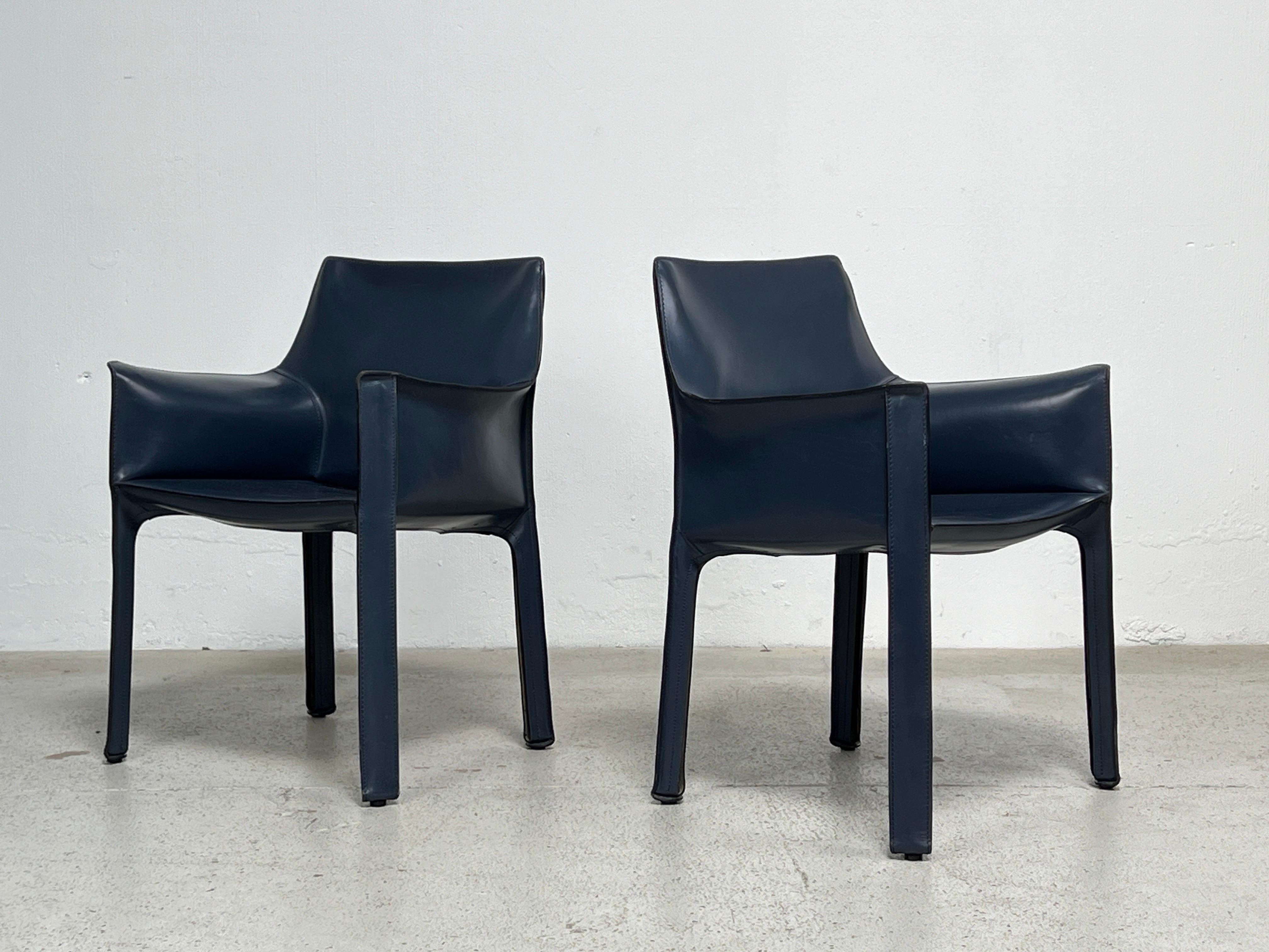 Four Blue Leather Cab Arm Chairs by Mario Bellini  For Sale 5