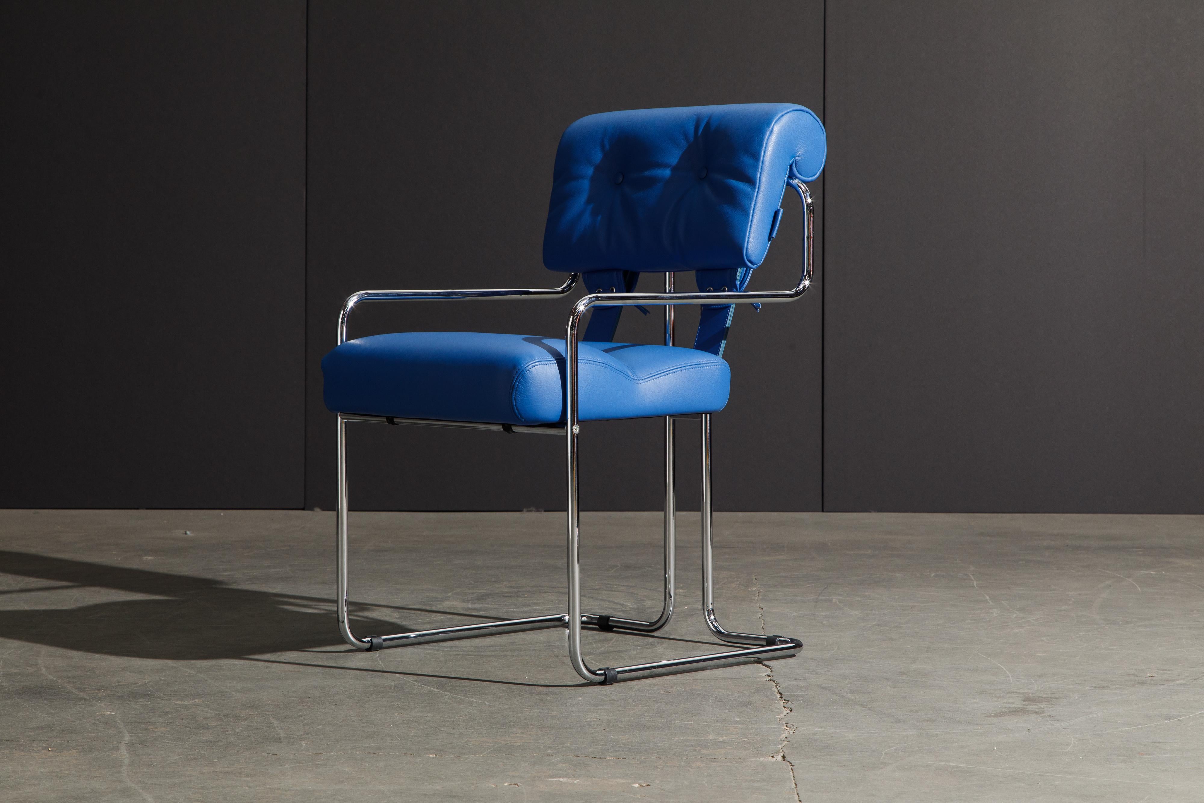 Four Blue Leather 'Tucroma' Chairs by Guido Faleschini for Mariani, Signed, New 4