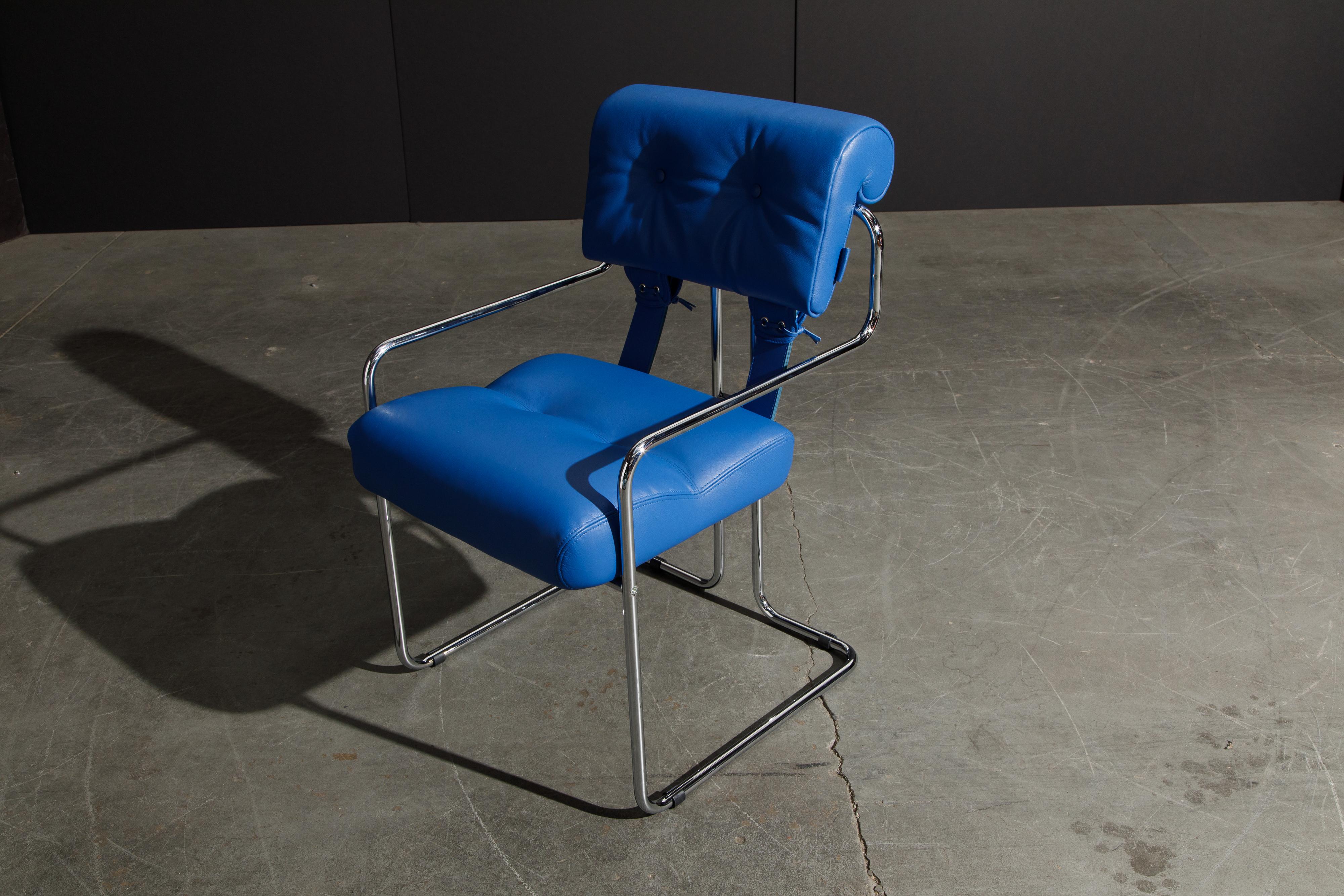 Four Blue Leather 'Tucroma' Chairs by Guido Faleschini for Mariani, Signed, New 5