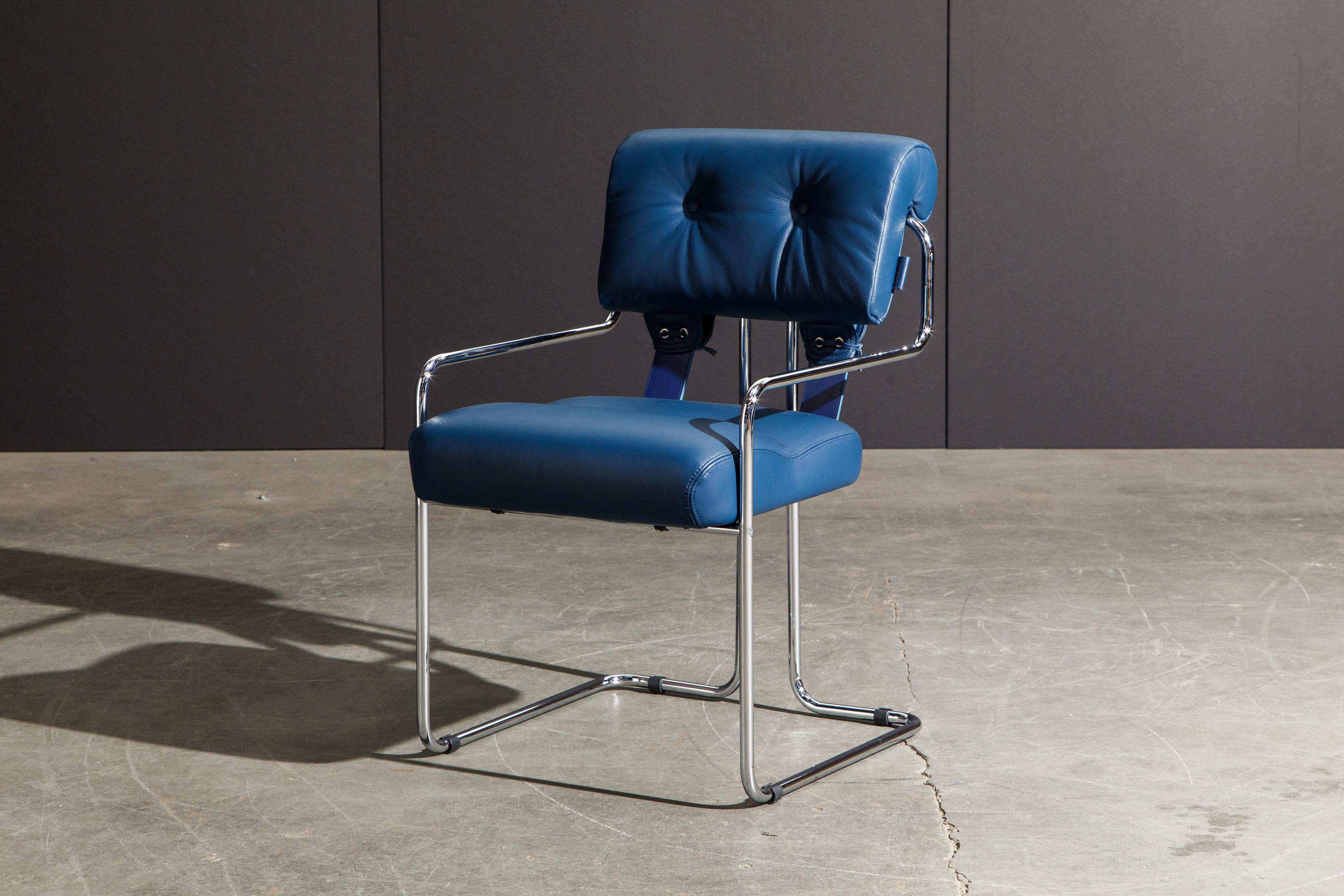 Four Blue Leather 'Tucroma' Chairs by Guido Faleschini for Mariani, Signed, New 6