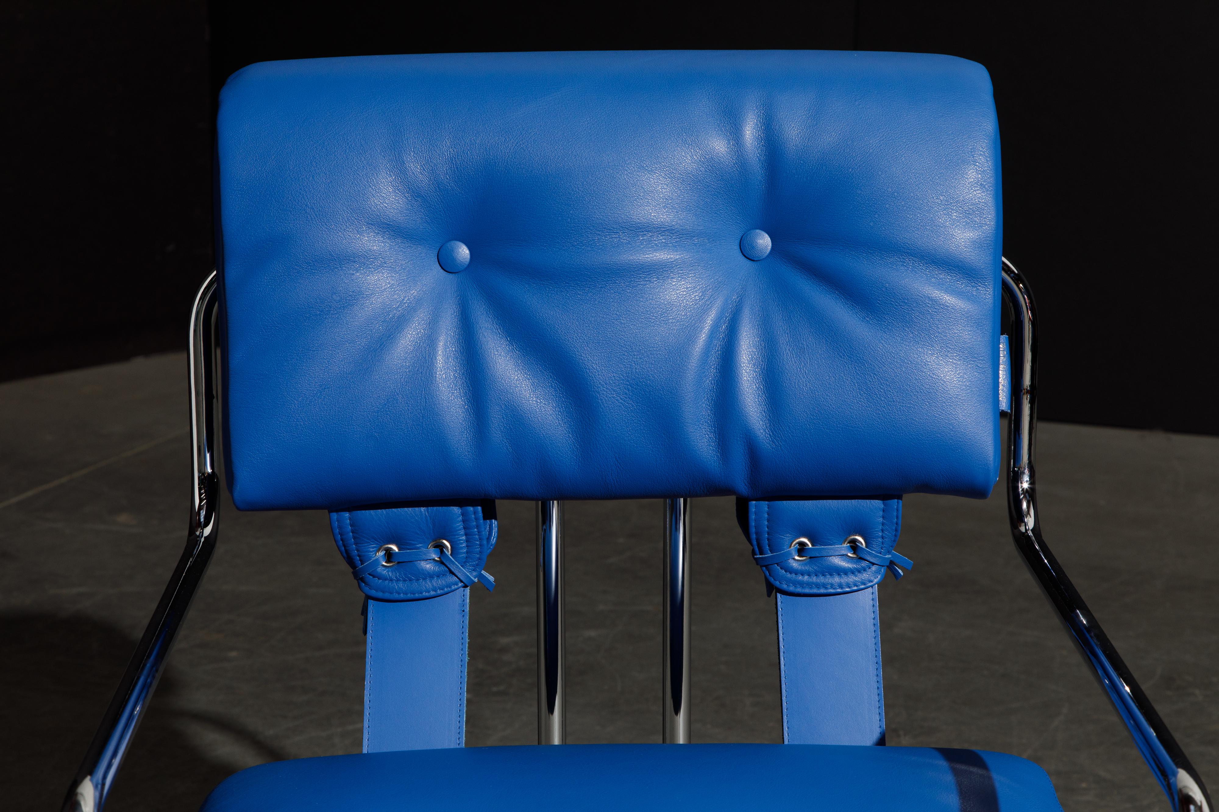 Four Blue Leather 'Tucroma' Chairs by Guido Faleschini for Mariani, Signed, New 6