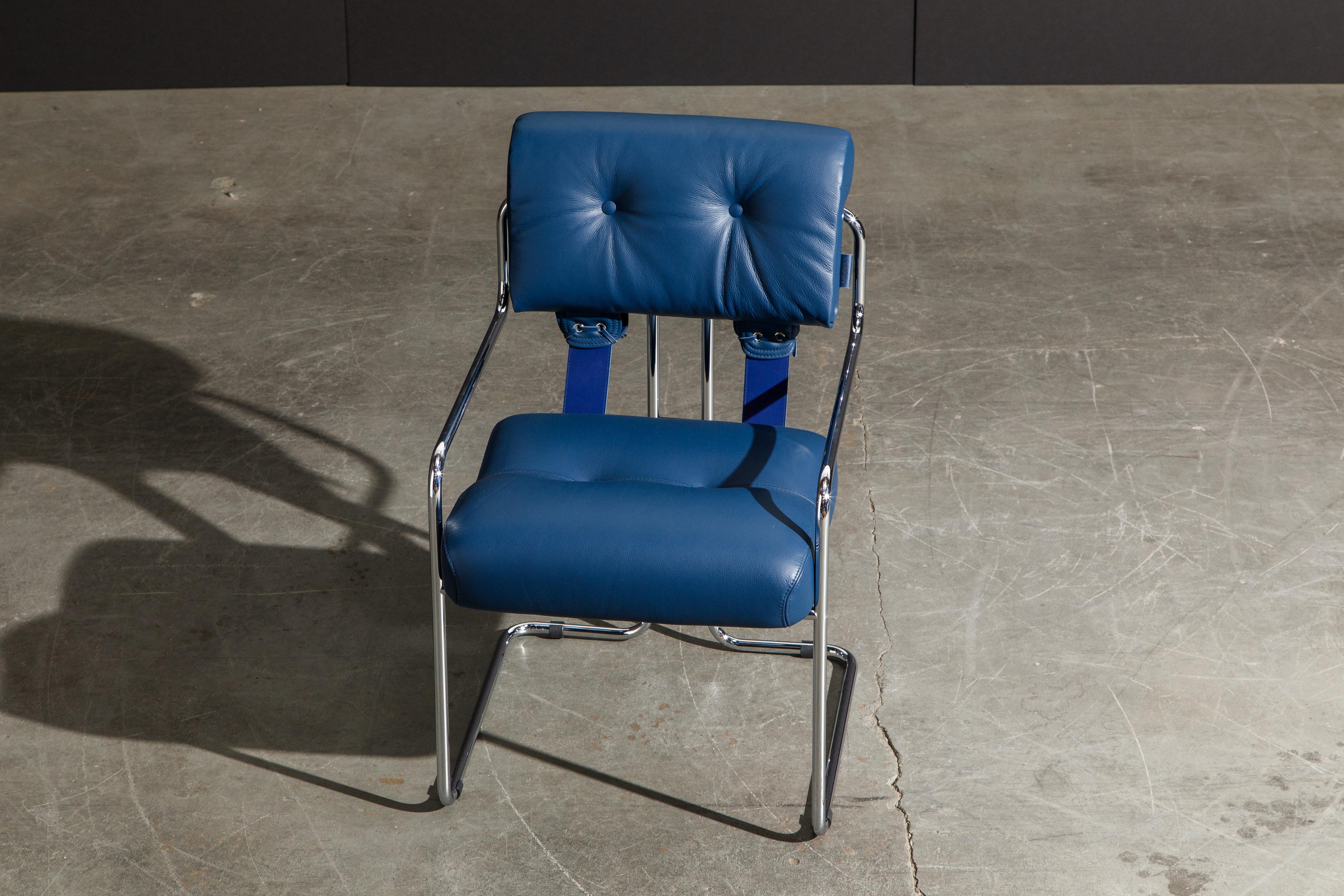 Four Blue Leather 'Tucroma' Chairs by Guido Faleschini for Mariani, Signed, New 7