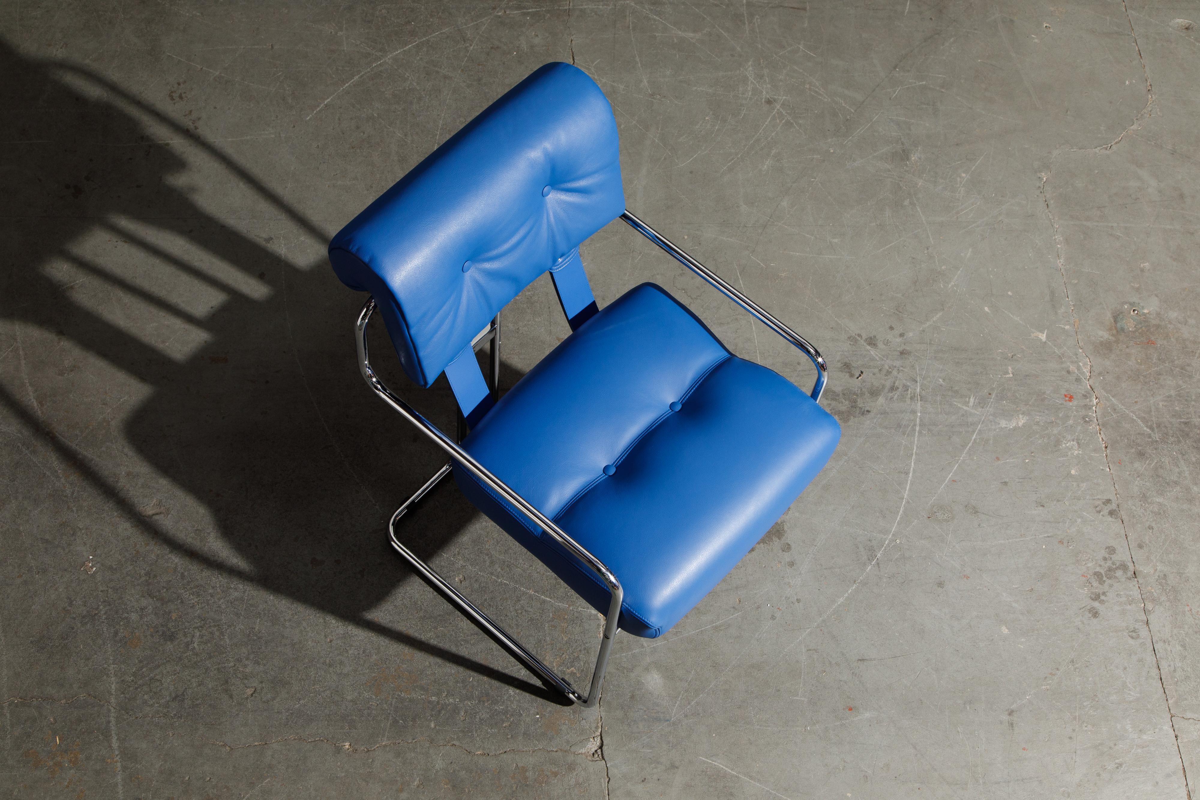 Four Blue Leather 'Tucroma' Chairs by Guido Faleschini for Mariani, Signed, New 9