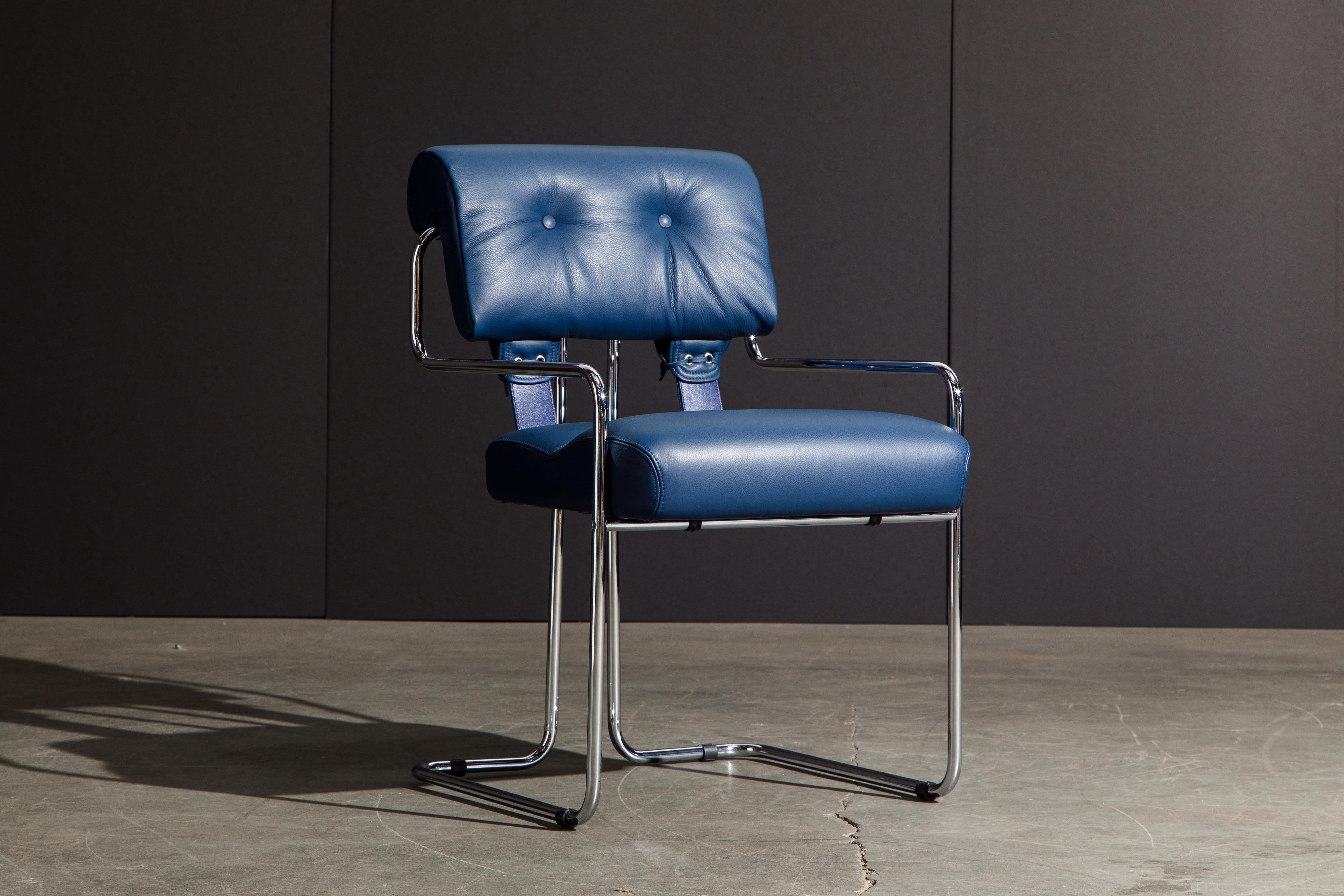 Modern Four Blue Leather 'Tucroma' Chairs by Guido Faleschini for Mariani, Signed, New