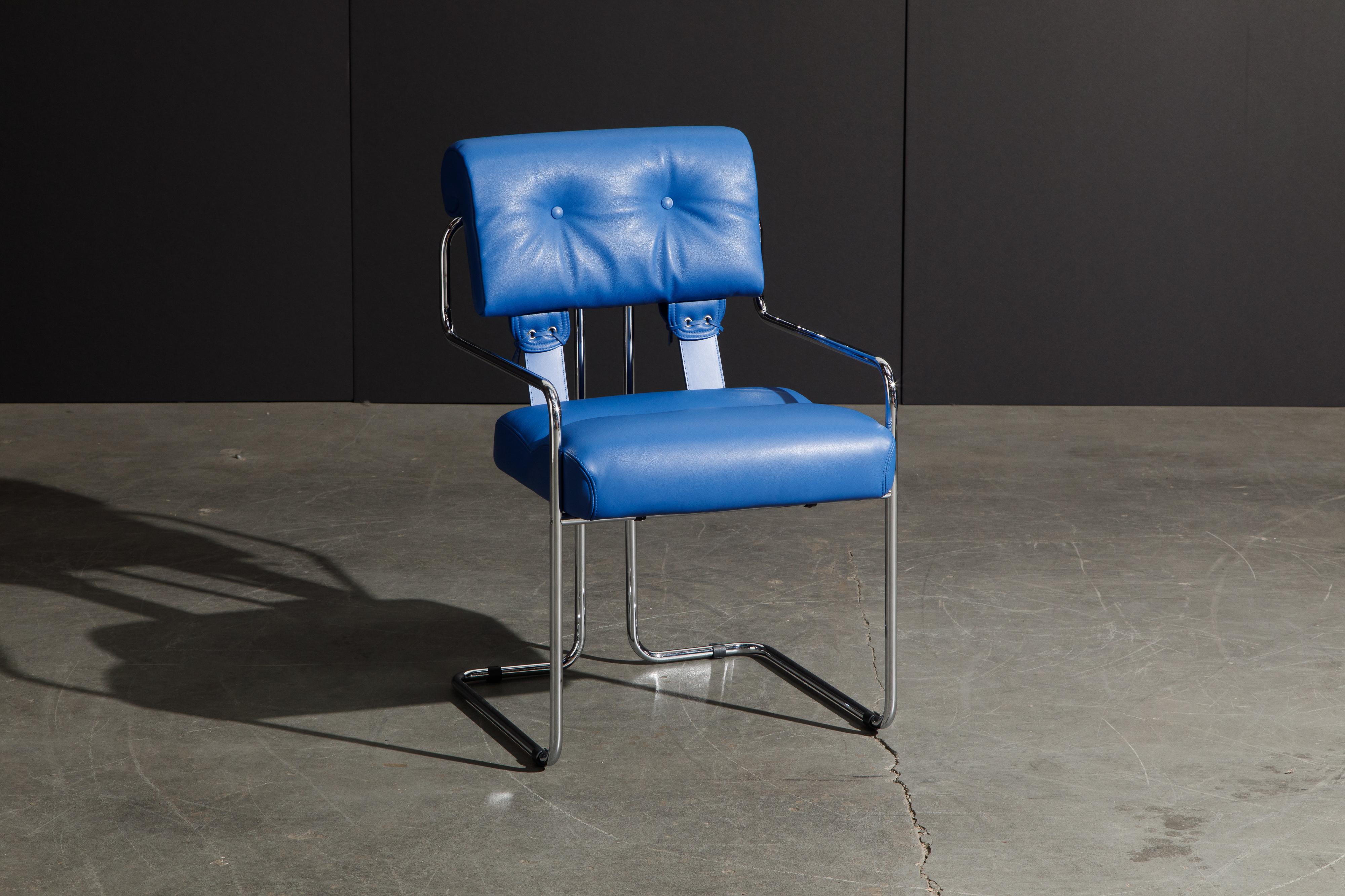 Modern Four Blue Leather 'Tucroma' Chairs by Guido Faleschini for Mariani, Signed, New