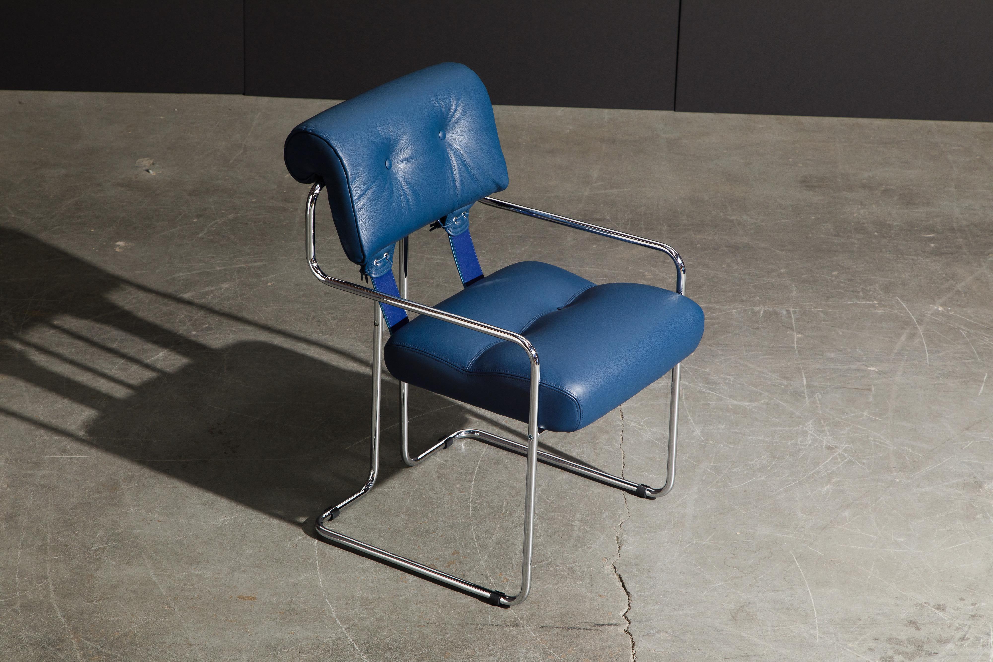 Four Blue Leather 'Tucroma' Chairs by Guido Faleschini for Mariani, Signed, New In New Condition In Los Angeles, CA