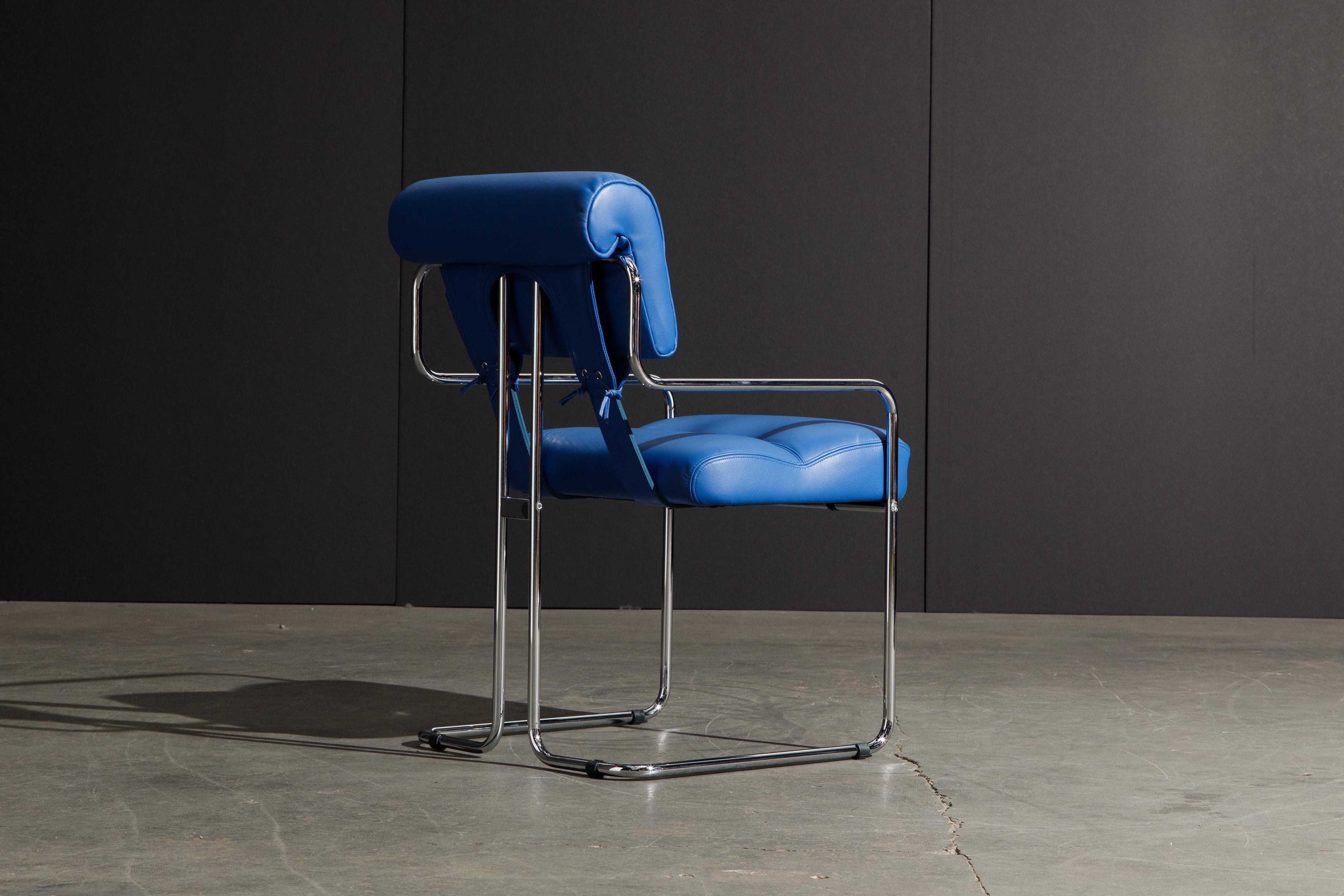 Contemporary Four Blue Leather 'Tucroma' Chairs by Guido Faleschini for Mariani, Signed, New