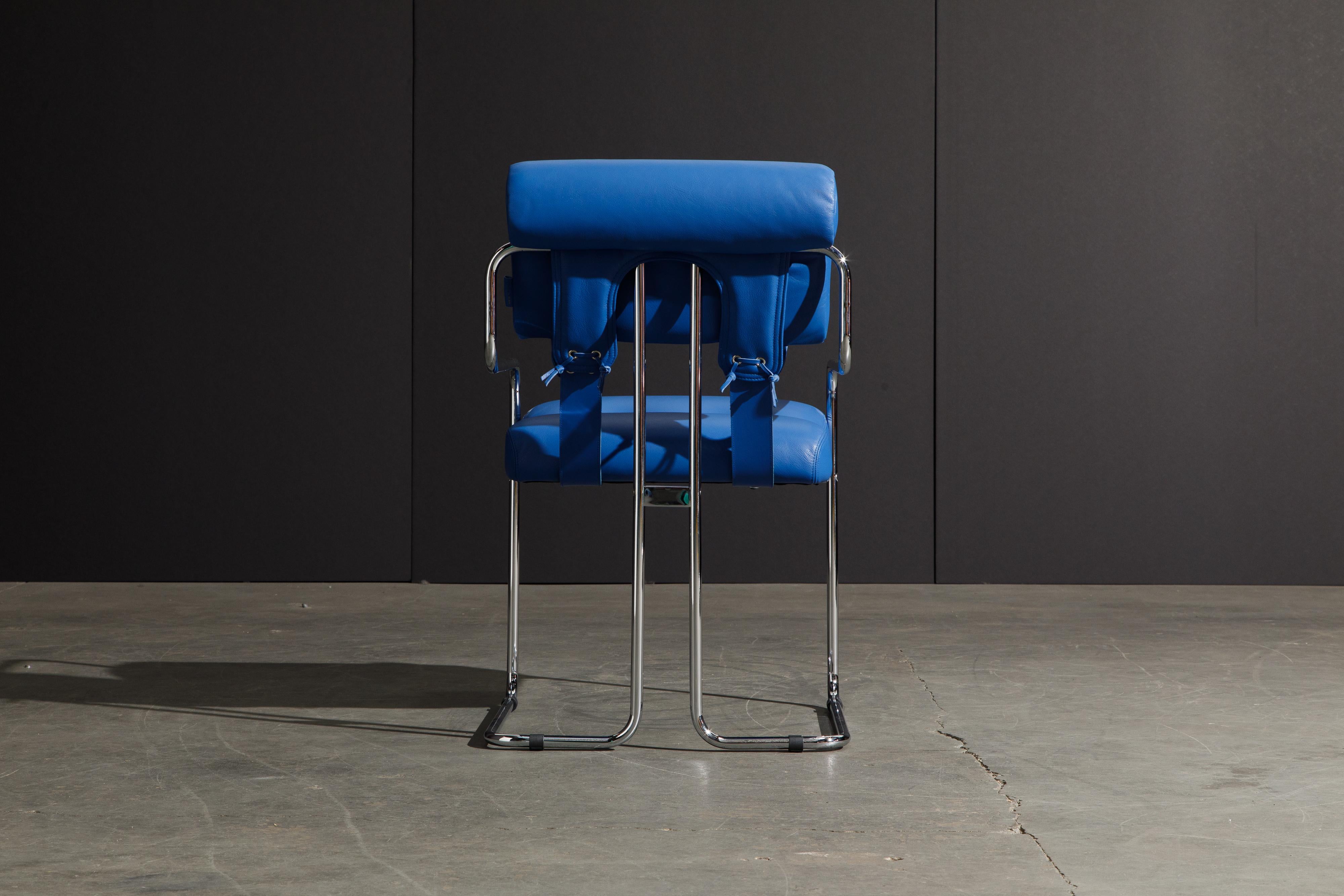 Four Blue Leather 'Tucroma' Chairs by Guido Faleschini for Mariani, Signed, New 2