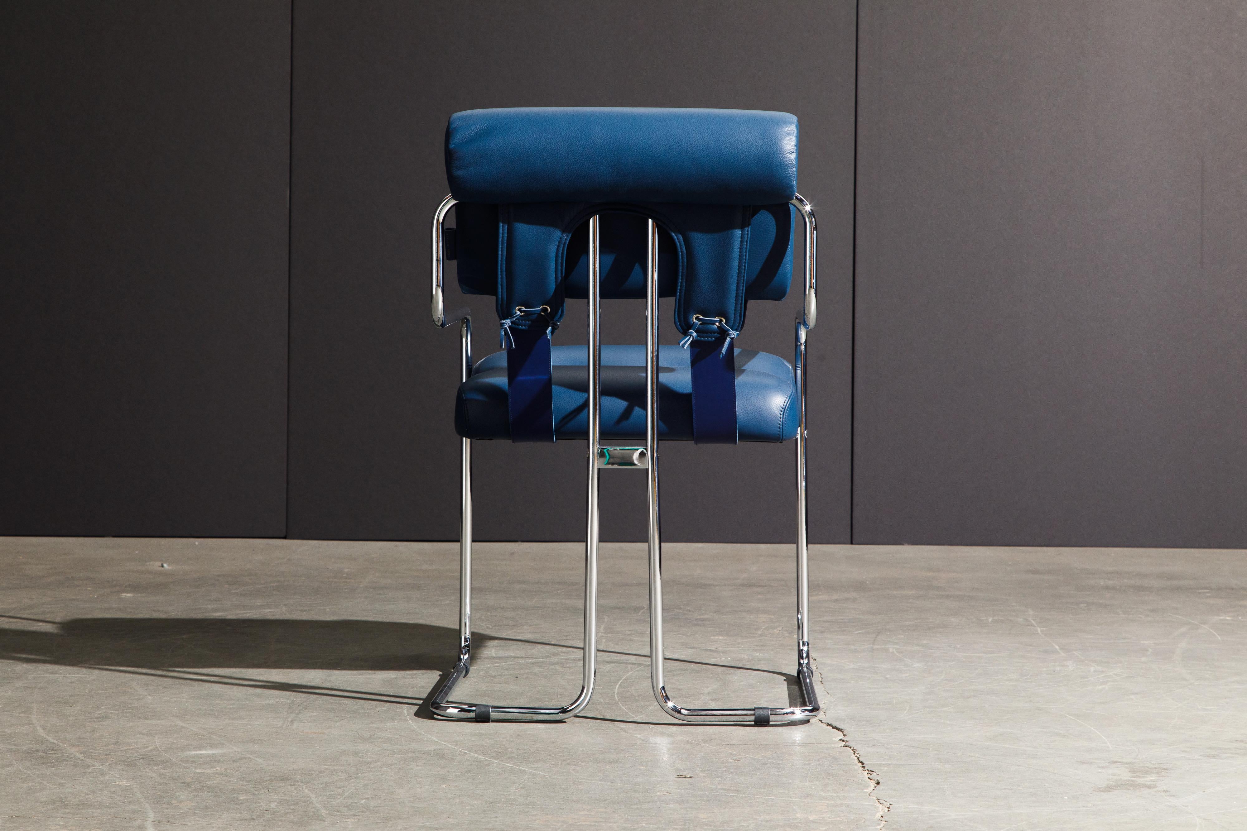 Four Blue Leather 'Tucroma' Chairs by Guido Faleschini for Mariani, Signed, New 3
