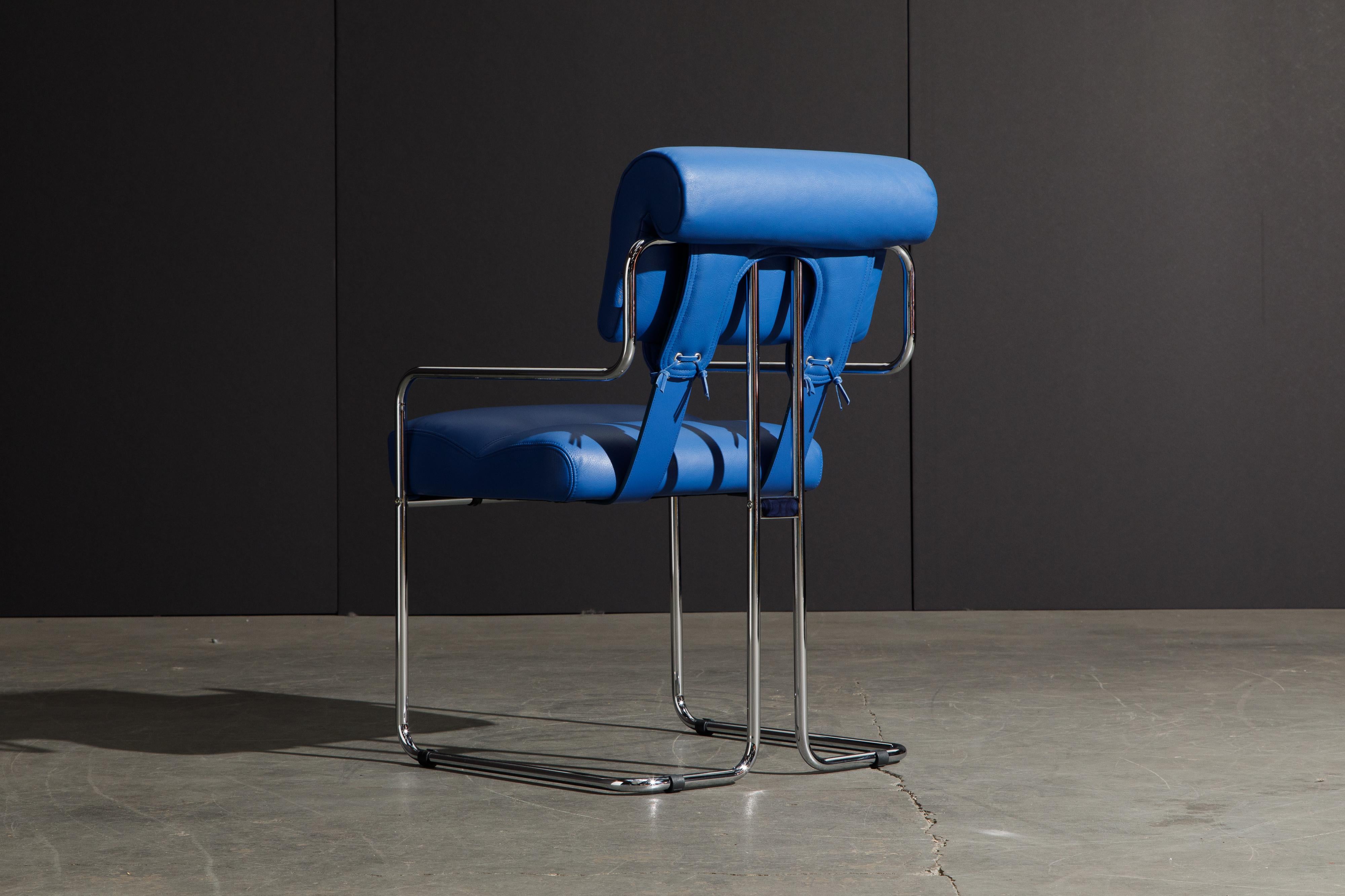 Four Blue Leather 'Tucroma' Chairs by Guido Faleschini for Mariani, Signed, New 3