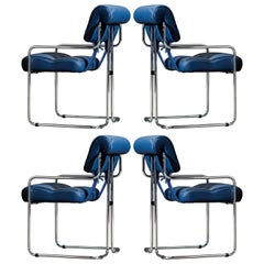 Four Blue Leather 'Tucroma' Chairs by Guido Faleschini for Mariani, Signed, New
