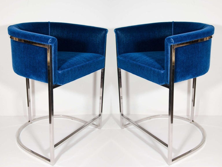 Four Blue Velvet Modernist Luxe Bar Stools in the Style of Milo