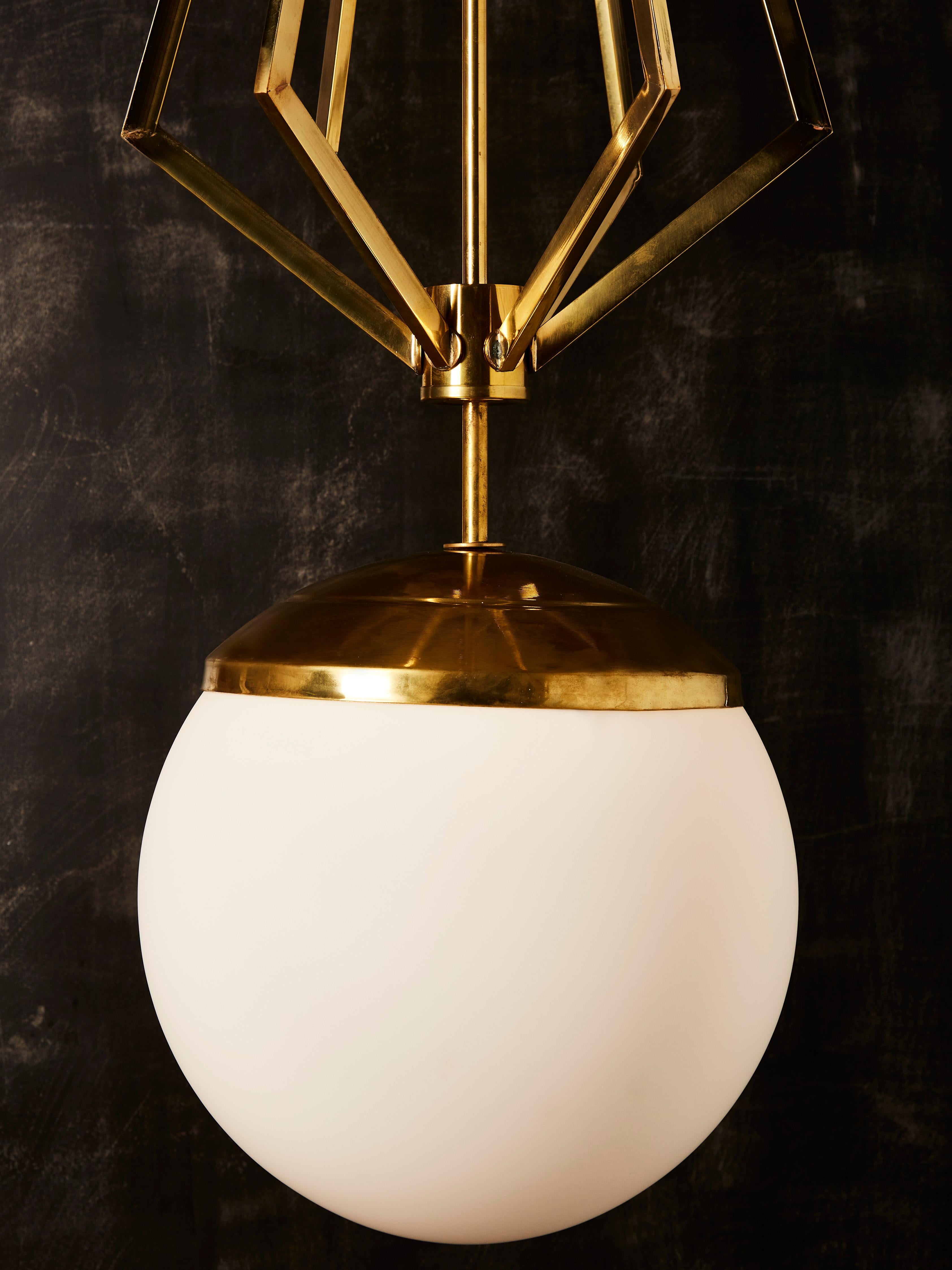 Four Brass Geometrical Suspension with a Large White Glass Globe For Sale 4