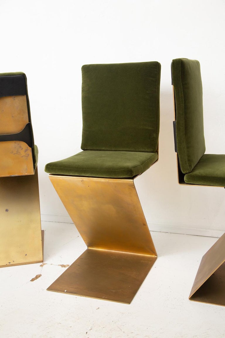 Modern Four Brass Rietveld Style Zig Zag Chairs with Leather and Velvet Seat Cushions For Sale