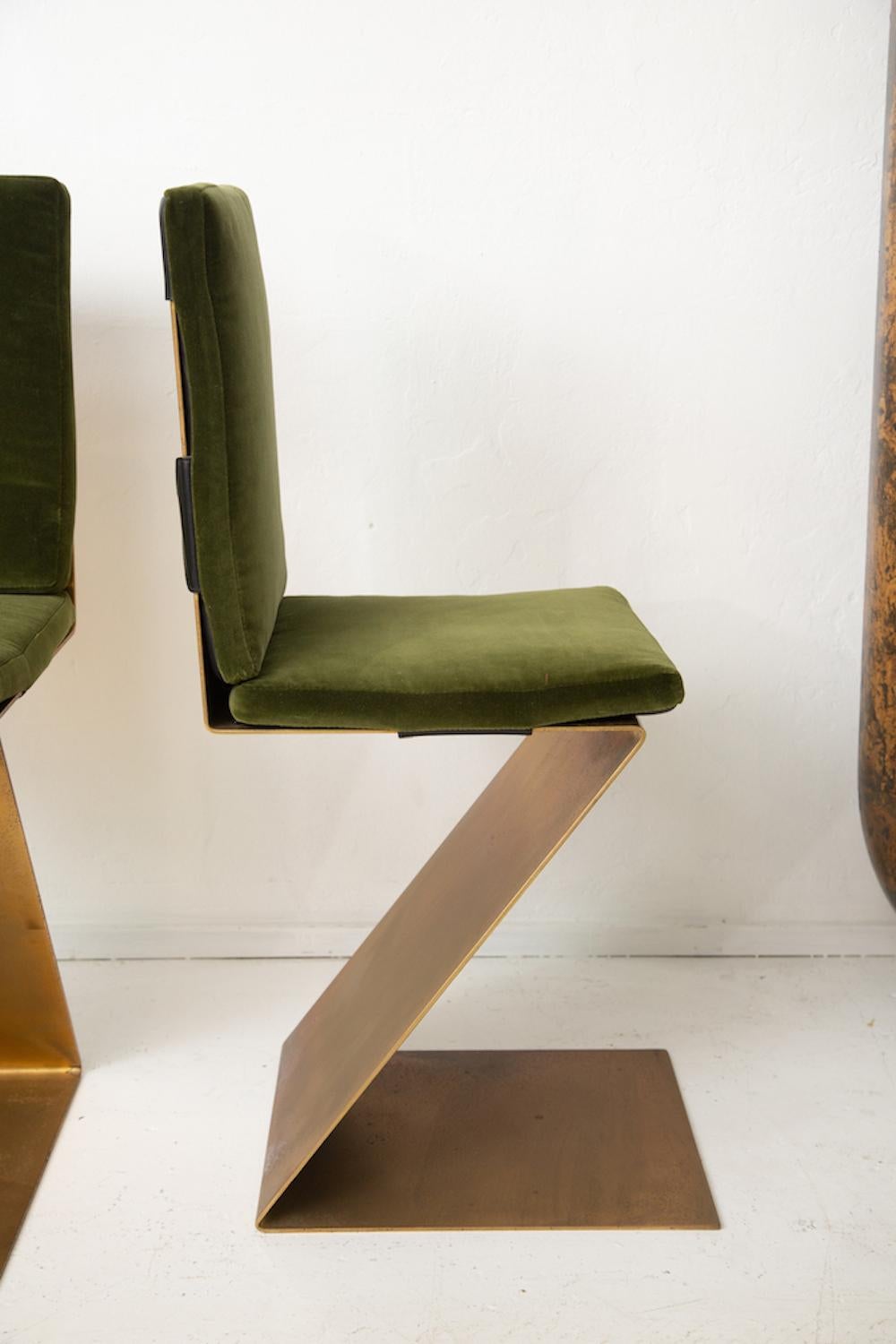 Modern Four Brass Rietveld Style Zig Zag Chairs with Leather and Velvet Seat Cushions