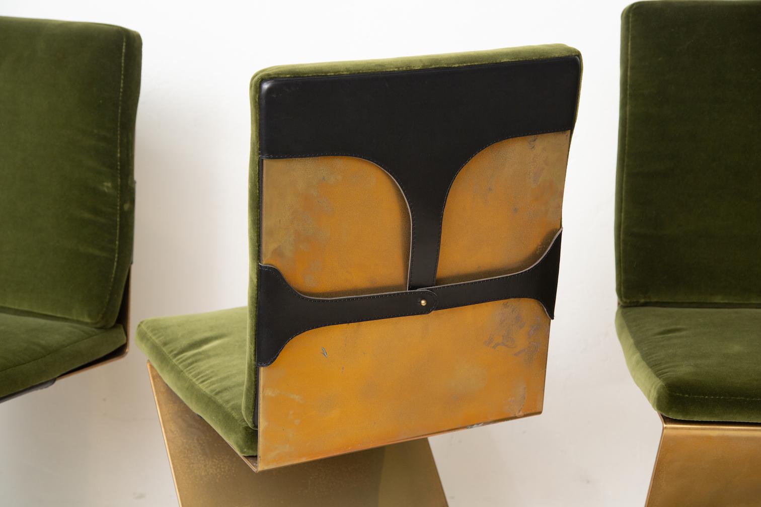 American Four Brass Rietveld Style Zig Zag Chairs with Leather and Velvet Seat Cushions