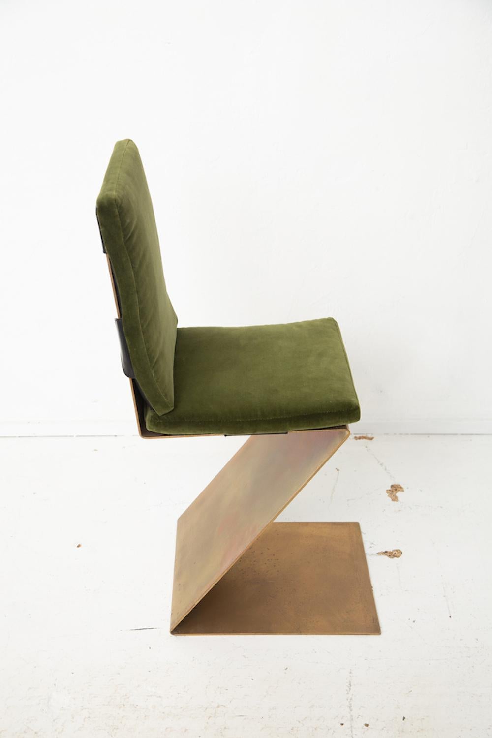 Plated Four Brass Rietveld Style Zig Zag Chairs with Leather and Velvet Seat Cushions