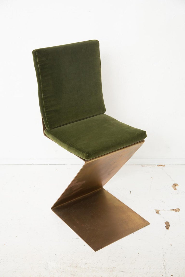 20th Century Four Brass Rietveld Style Zig Zag Chairs with Leather and Velvet Seat Cushions For Sale