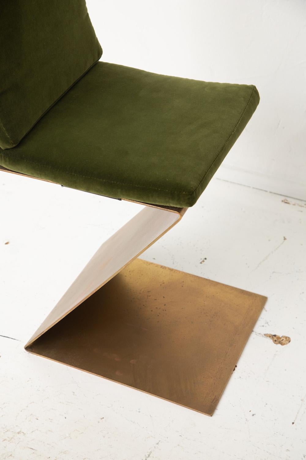 20th Century Four Brass Rietveld Style Zig Zag Chairs with Leather and Velvet Seat Cushions