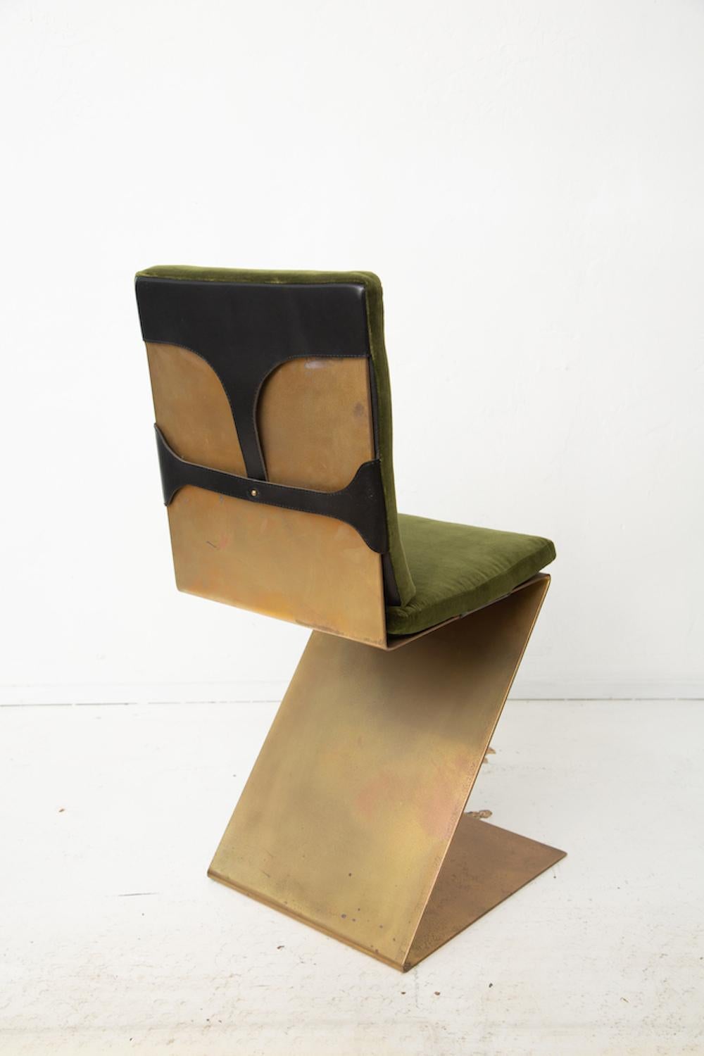 Four Brass Rietveld Style Zig Zag Chairs with Leather and Velvet Seat Cushions 1