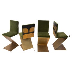 Four Brass Rietveld Style Zig Zag Chairs with Leather and Velvet Seat Cushions
