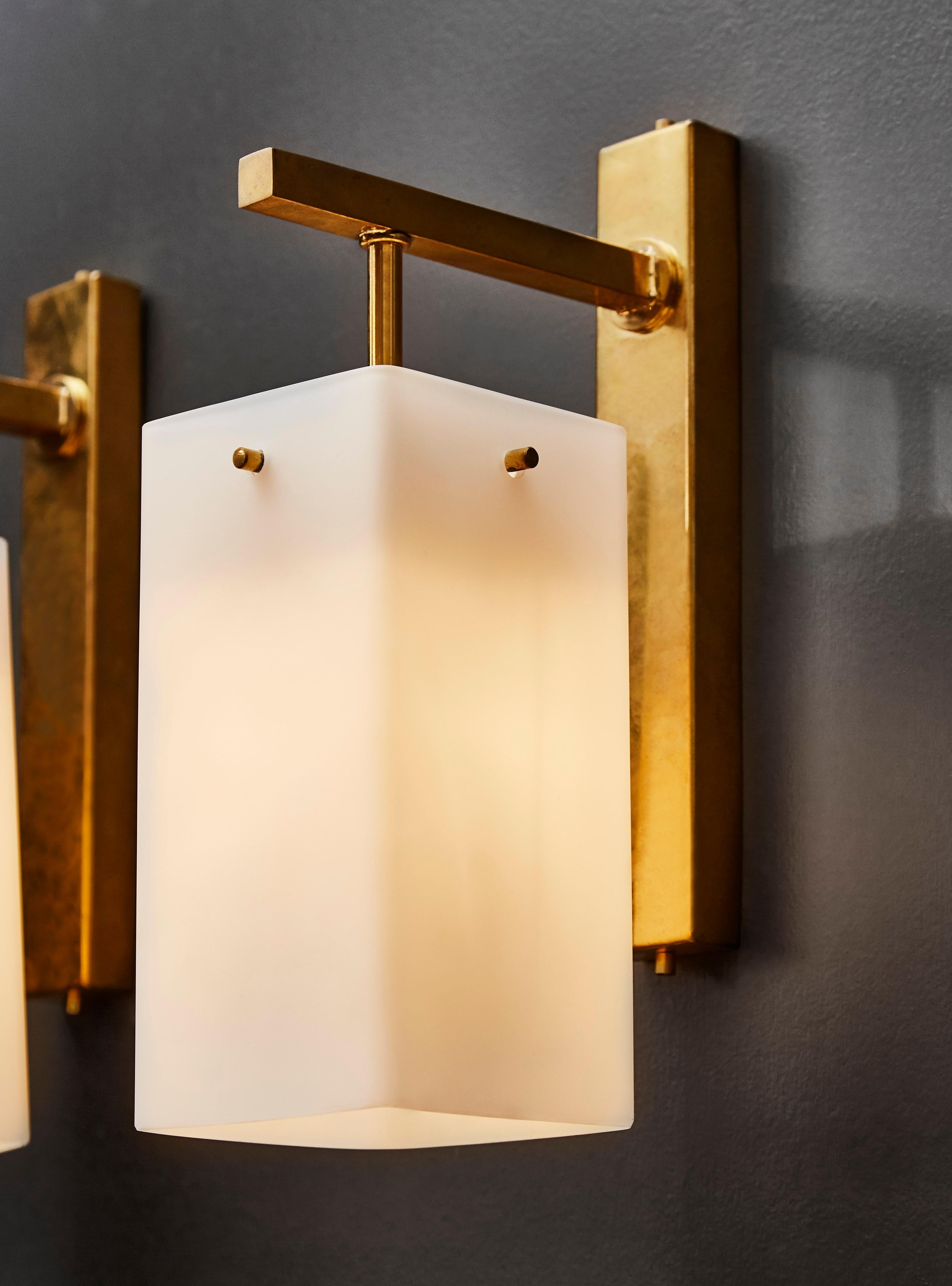 Mid-Century Modern Four Brass Wall Sconces with Rectangular White Glass Shade For Sale