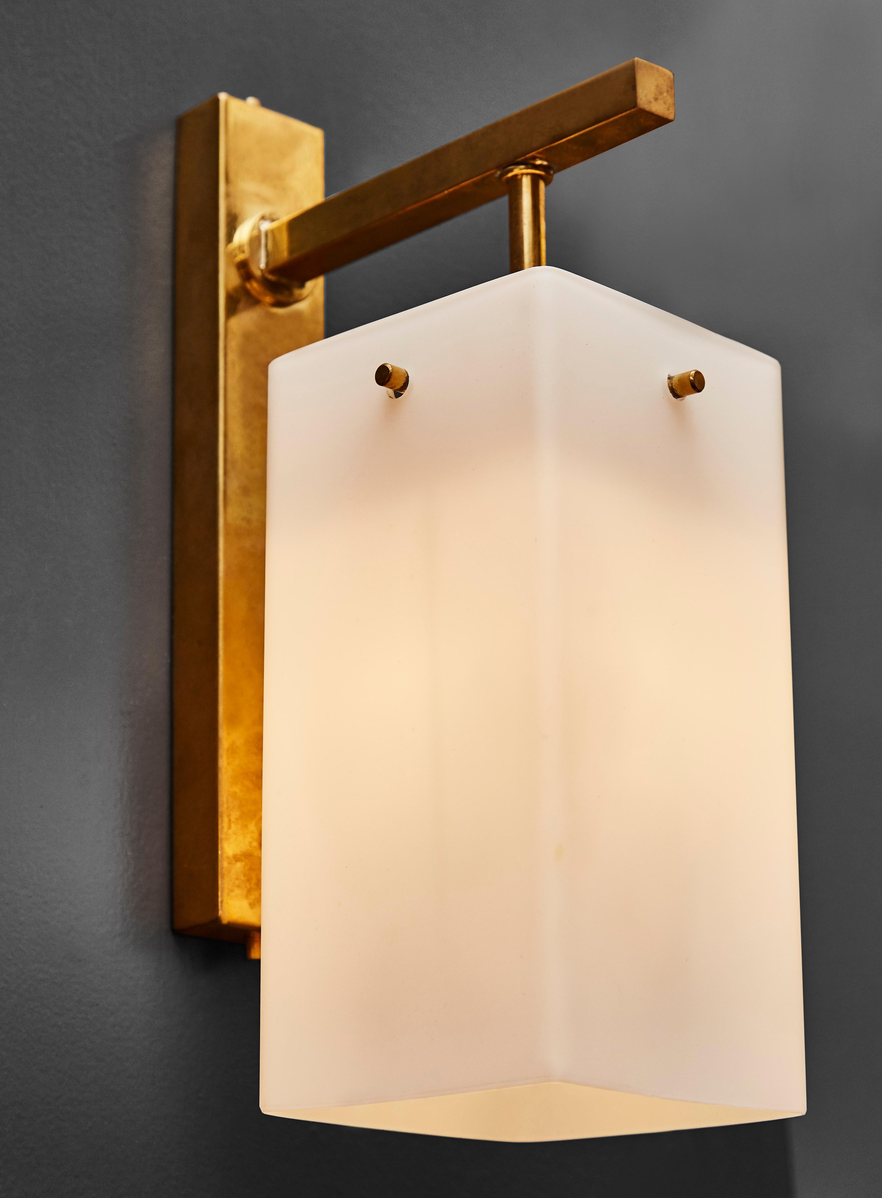 Italian Four Brass Wall Sconces with Rectangular White Glass Shade For Sale