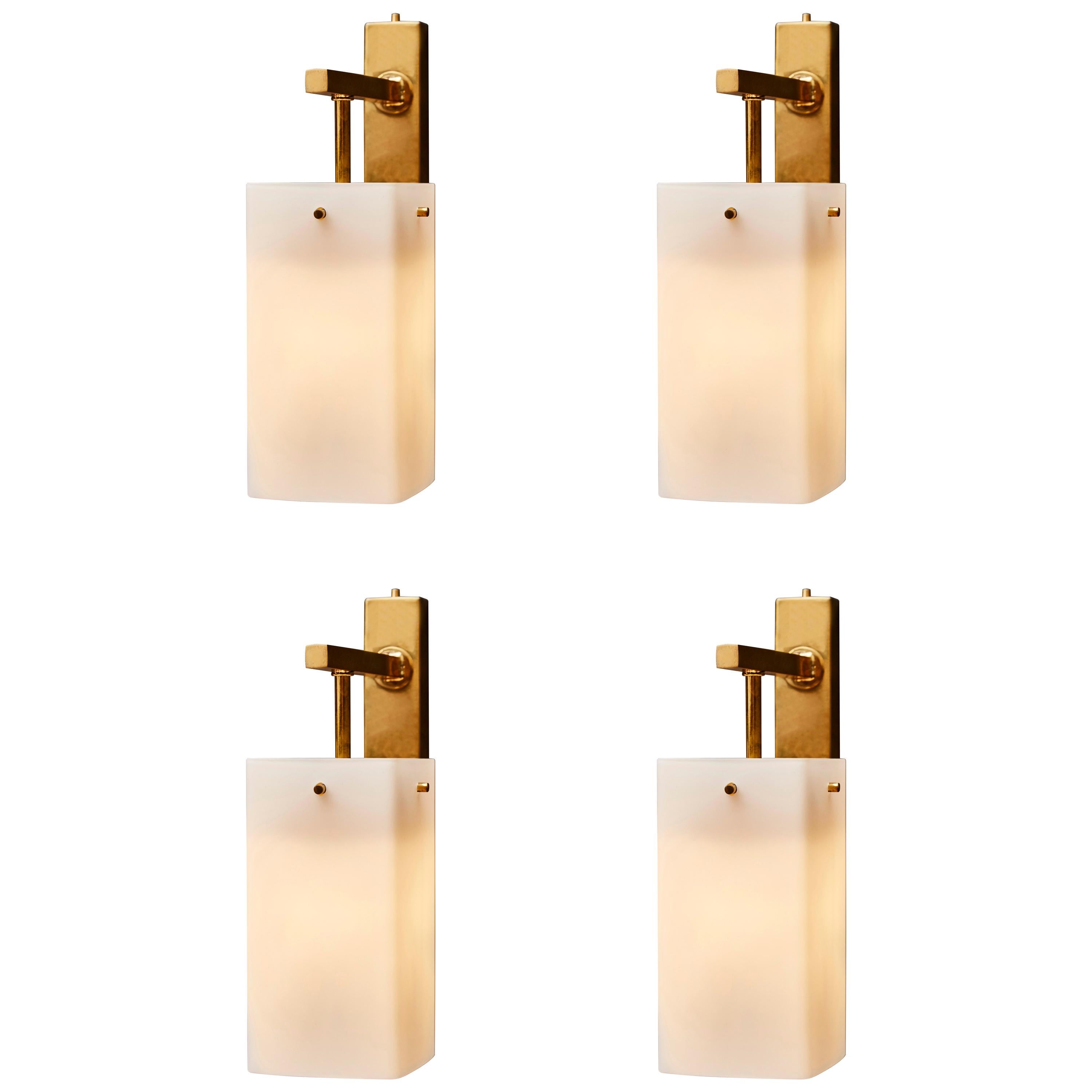 Four Brass Wall Sconces with Rectangular White Glass Shade For Sale