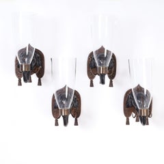 Four British Colonial Style Carved Wood Elephant Head Hurricane Wall Sconces
