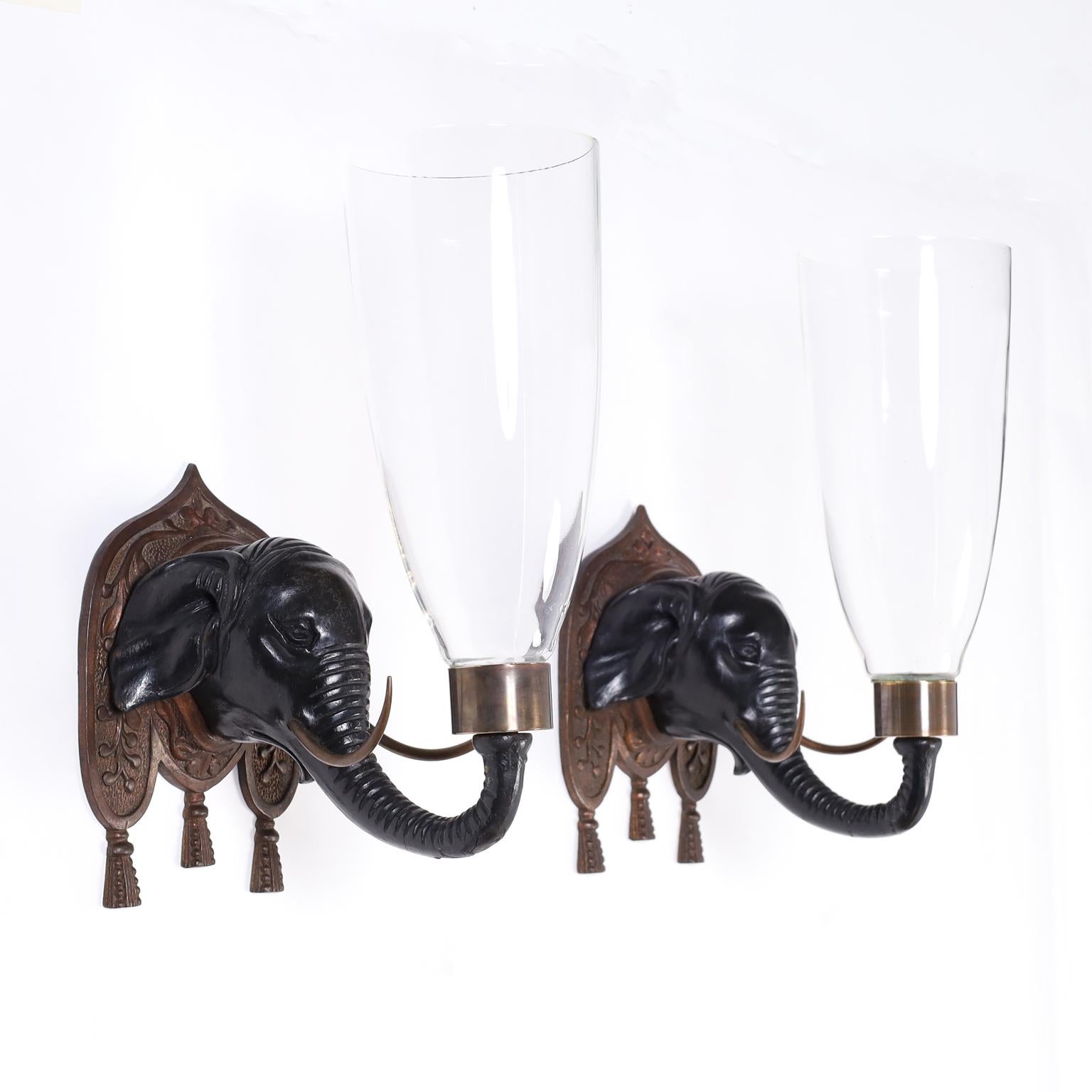Italian Four British Colonial Style Carved Wood Elephant Head Hurricane Wall Sconces
