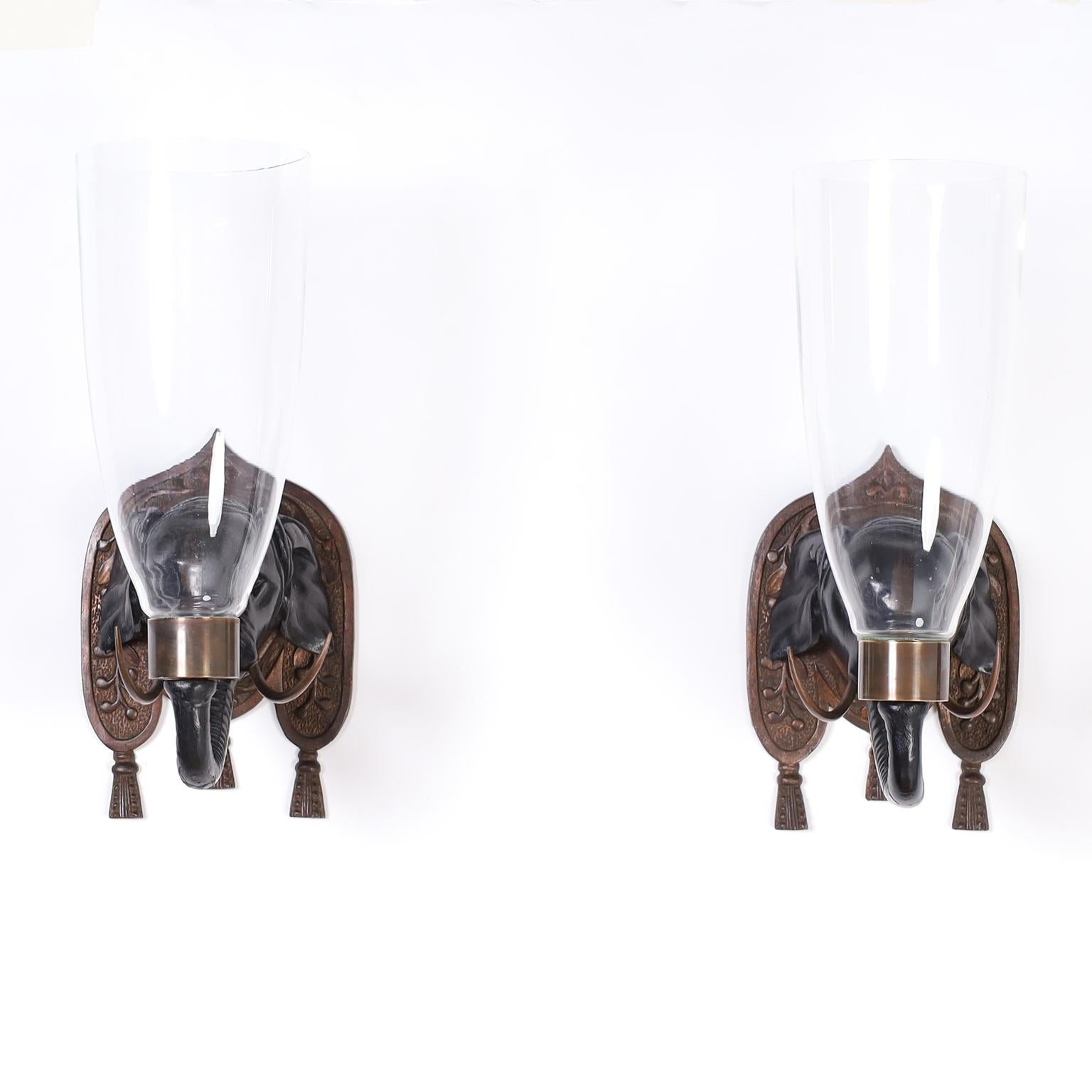 Four British Colonial Style Carved Wood Elephant Head Hurricane Wall Sconces In Good Condition In Palm Beach, FL