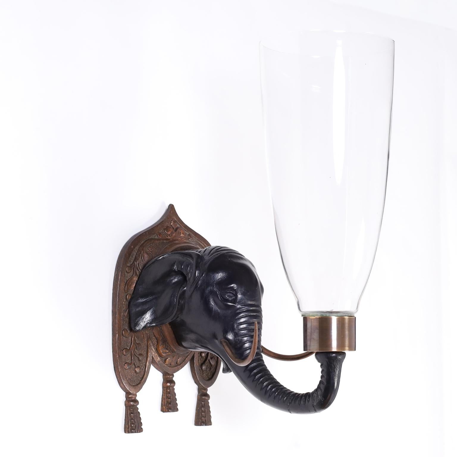 20th Century Four British Colonial Style Carved Wood Elephant Head Hurricane Wall Sconces