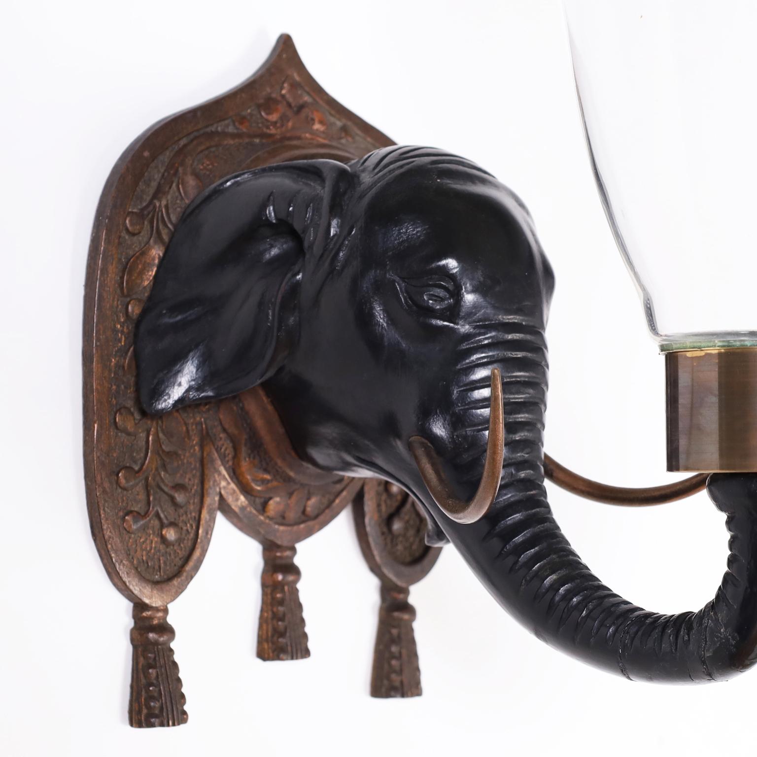 Blown Glass Four British Colonial Style Carved Wood Elephant Head Hurricane Wall Sconces