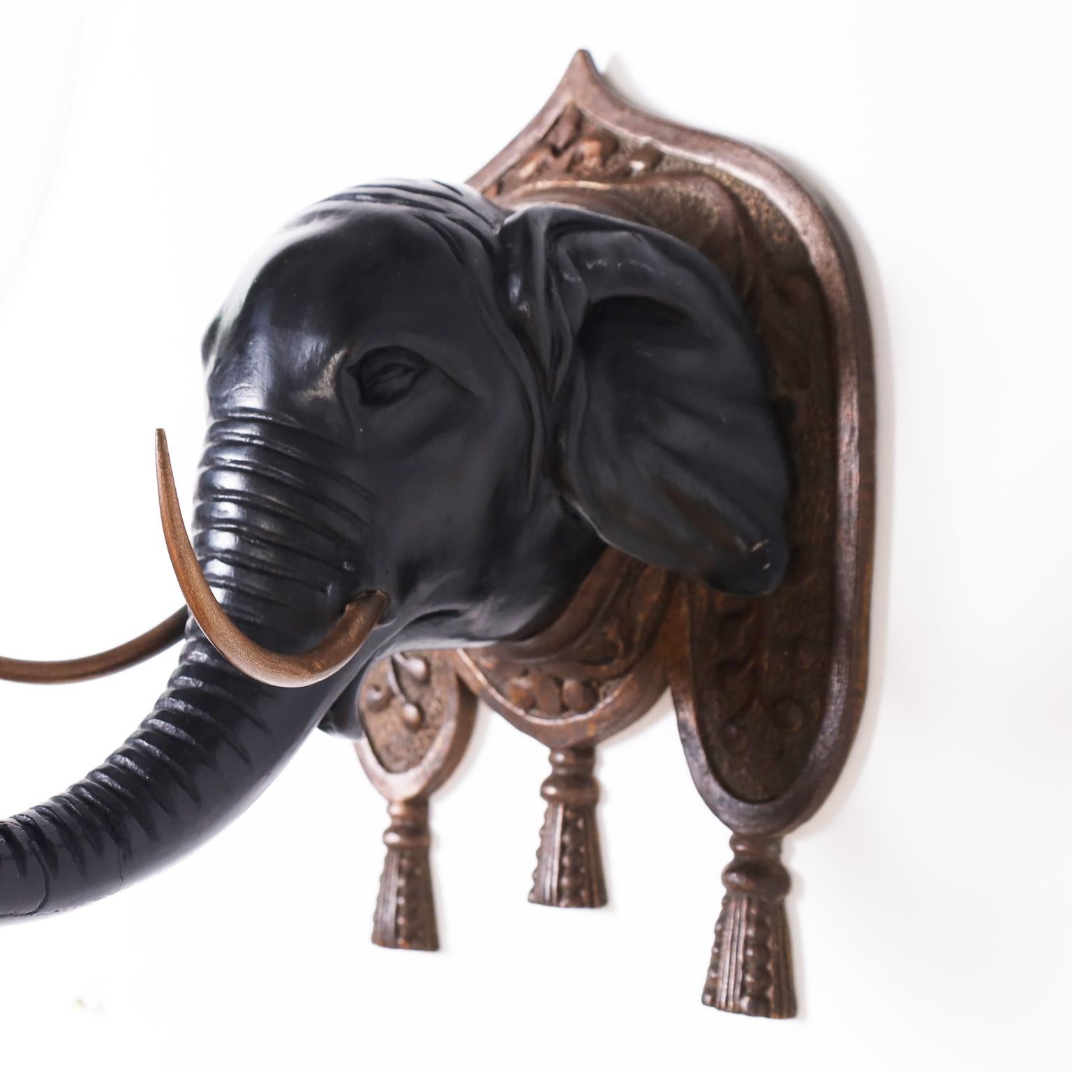 Four British Colonial Style Carved Wood Elephant Head Hurricane Wall Sconces 1