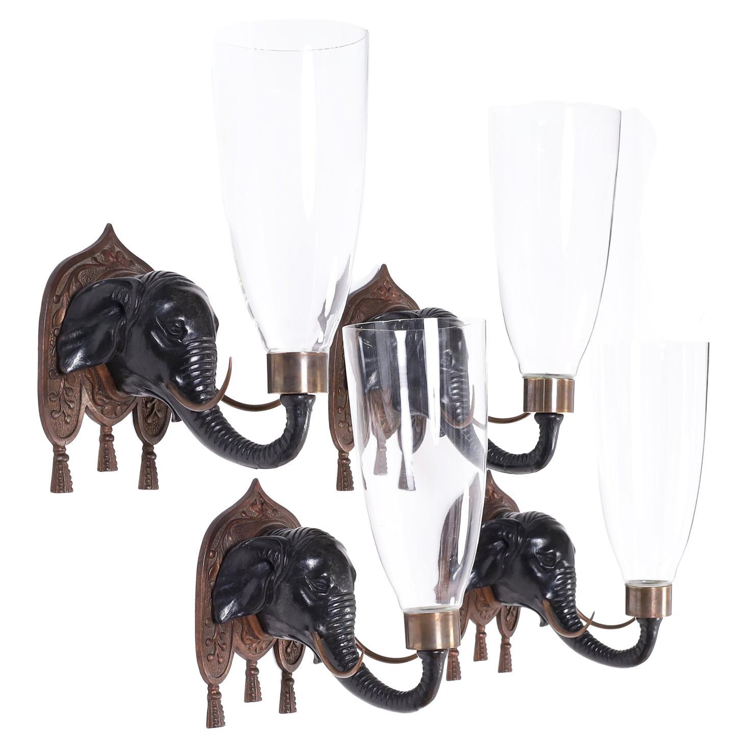 Four British Colonial Style Carved Wood Elephant Head Hurricane Wall Sconces