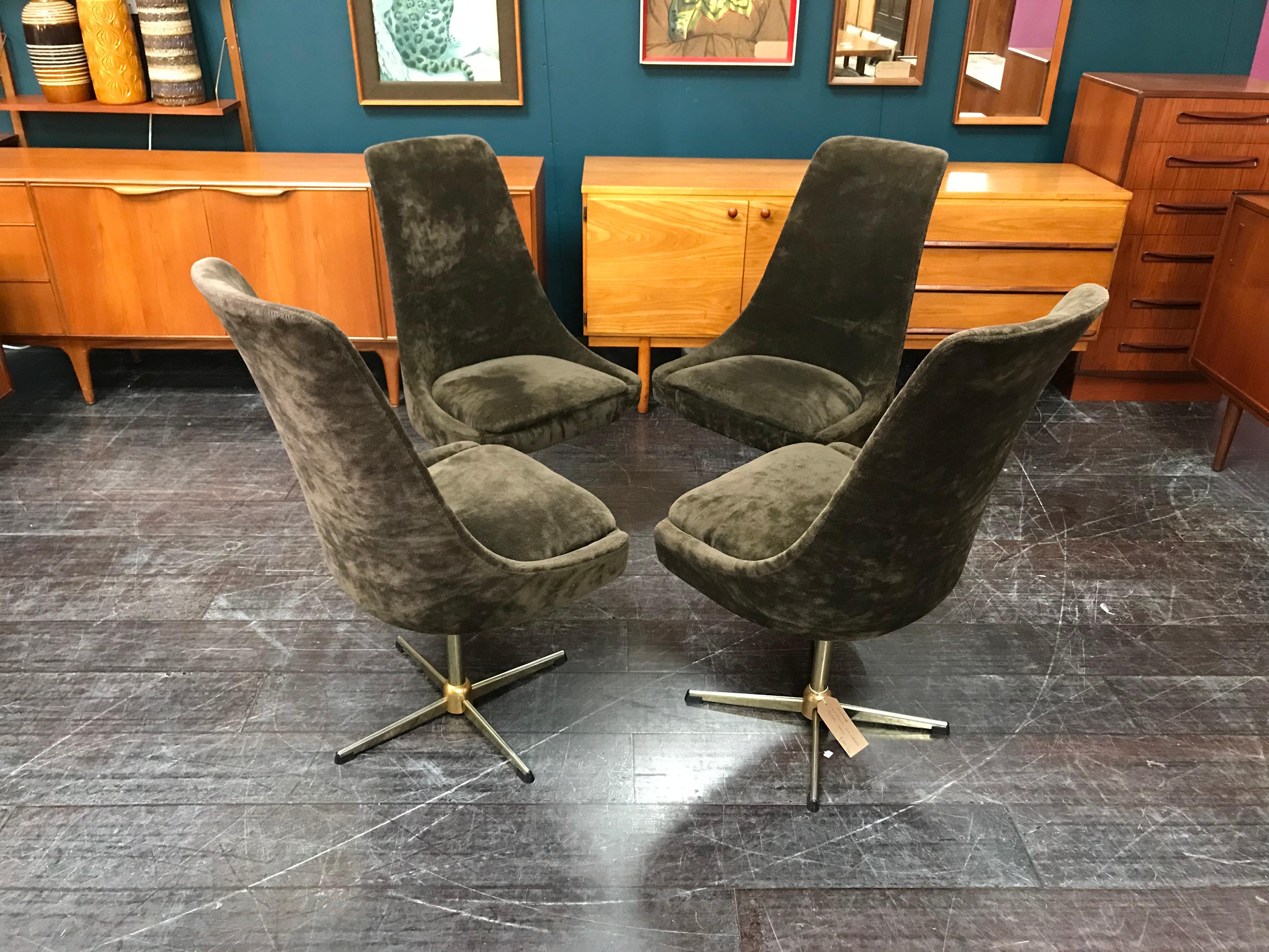Mid-Century Modern Four Brown Velour Midcentury Swivel Chairs