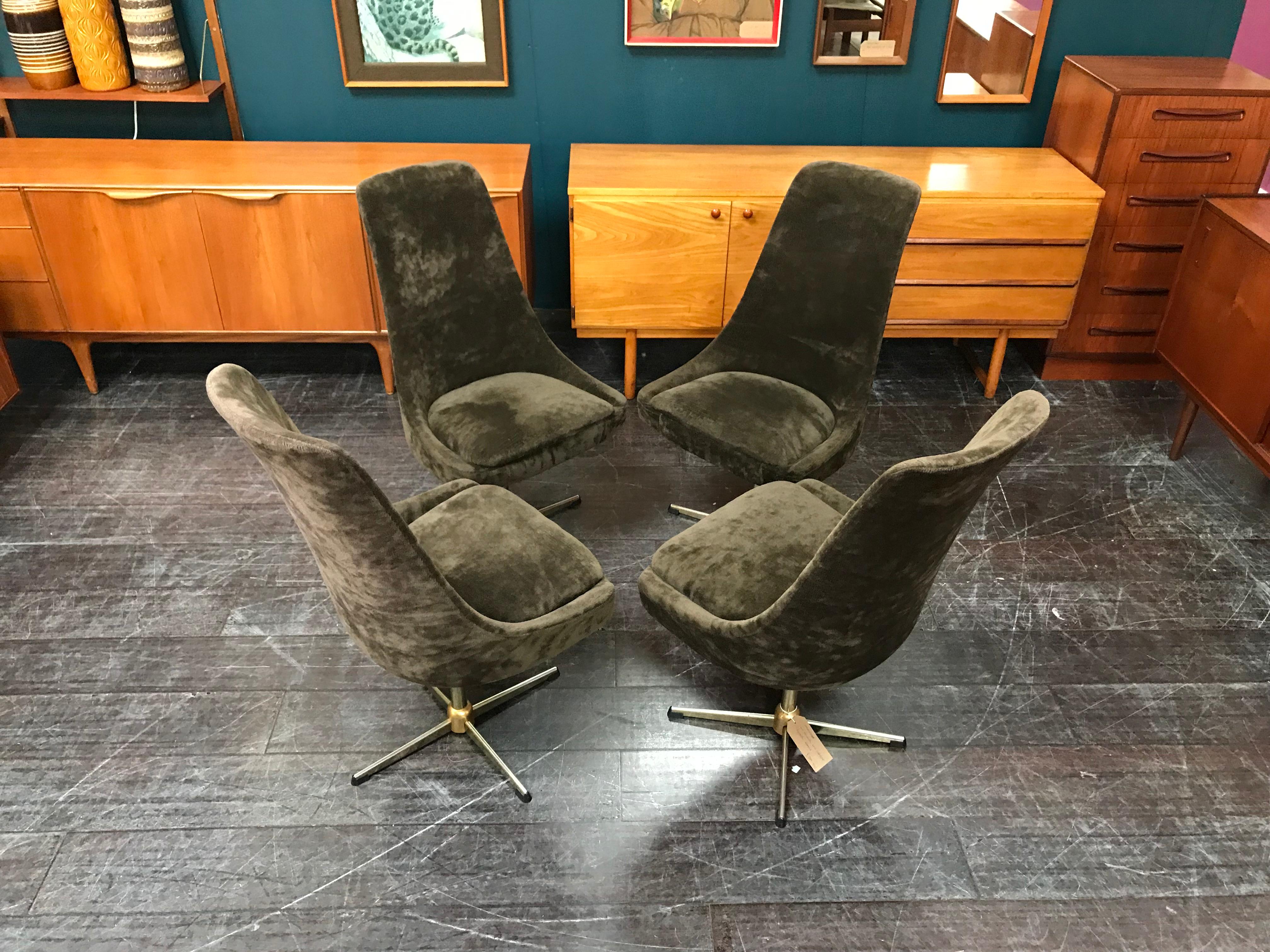 British Four Brown Velour Midcentury Swivel Chairs