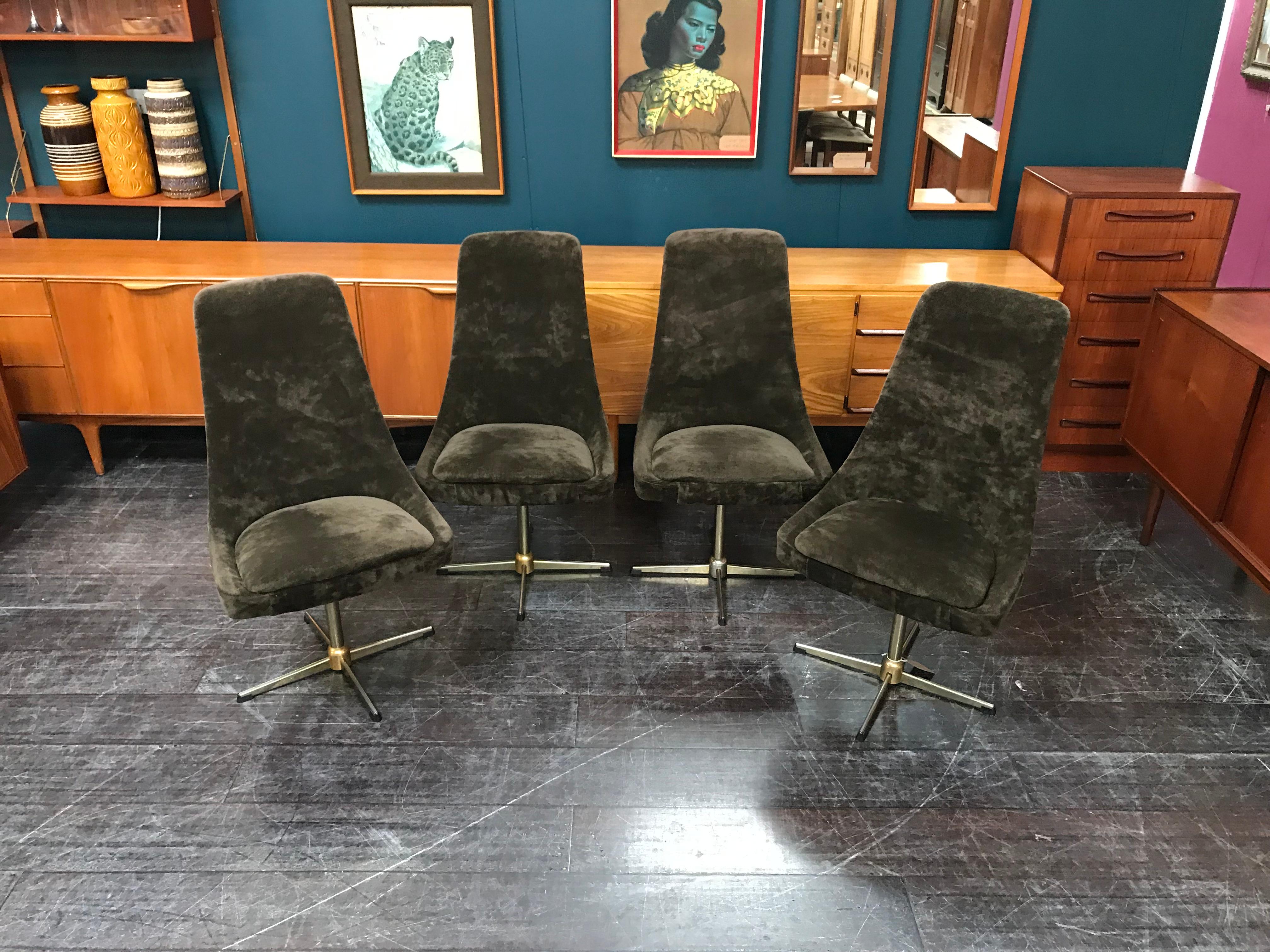 20th Century Four Brown Velour Midcentury Swivel Chairs