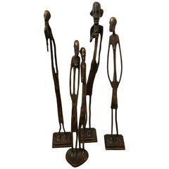 Four Brutalist Bronze Abstract African Figural Sculptures, Mid-Century Modern