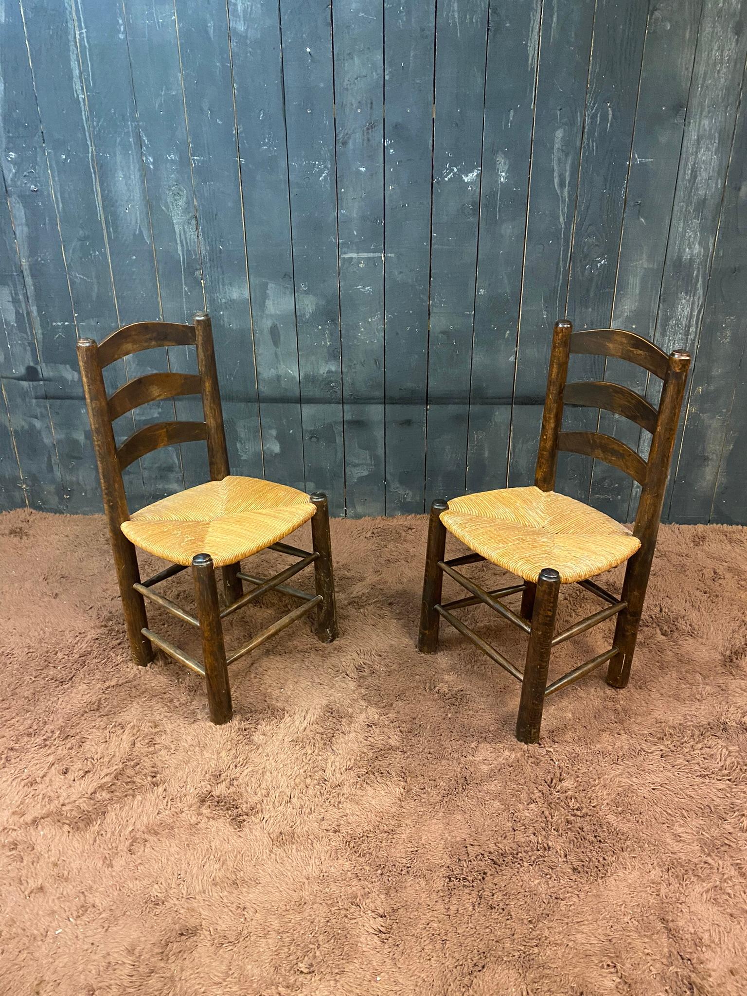 French Four Brutalist Pine Chairs, circa 1950 For Sale