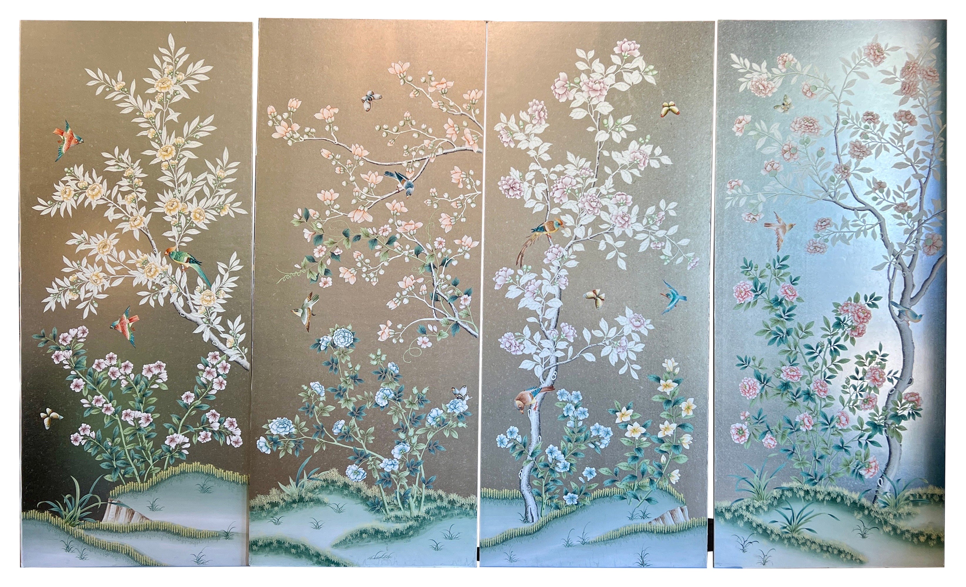 Four c.1 980's Gracie Handpainted Wallpaper Panels, on silver, mounted on boards