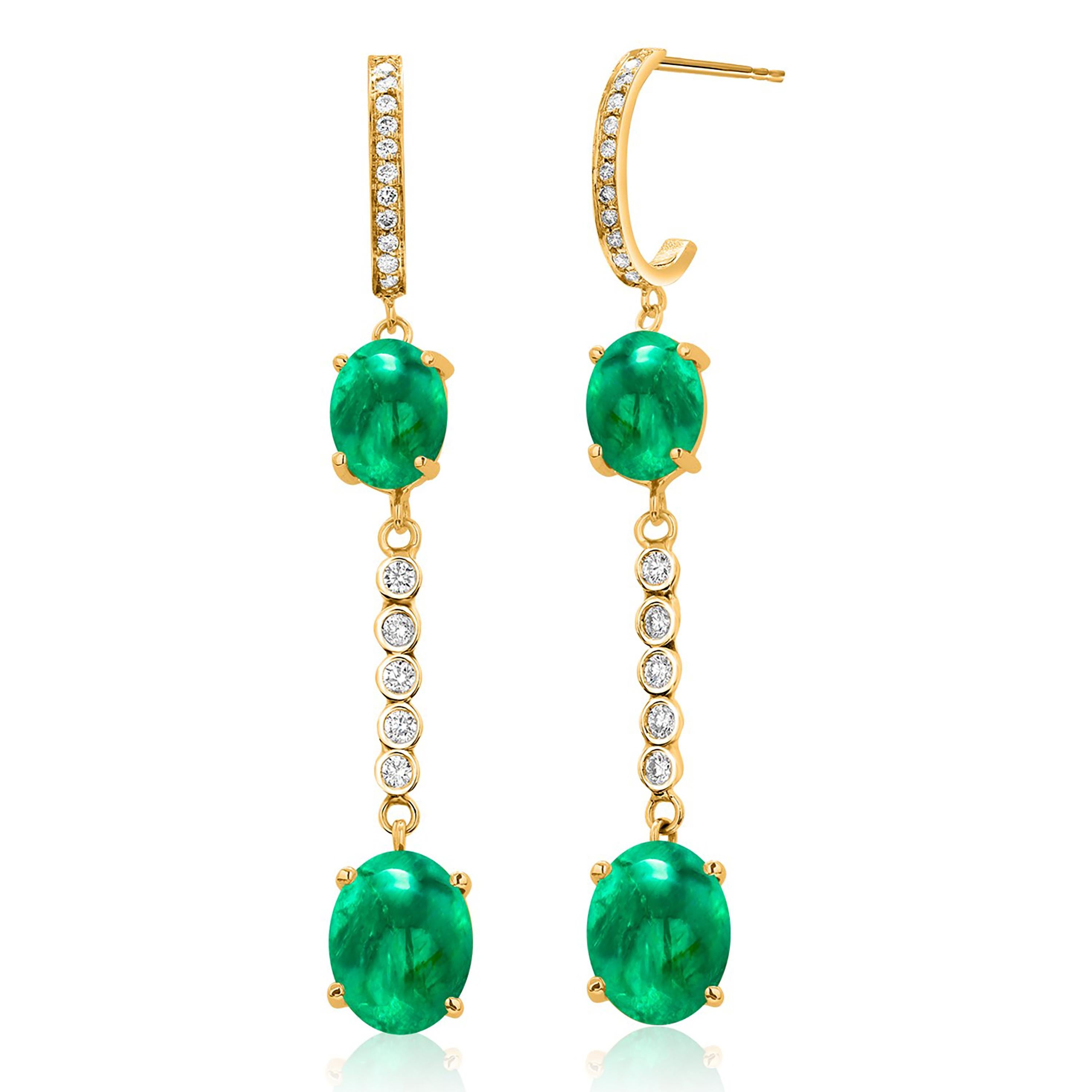 Oval Cut Four Cabochon Emerald Diamond 8.20 Carat Yellow Gold Two Inch Long Hoop Earrings