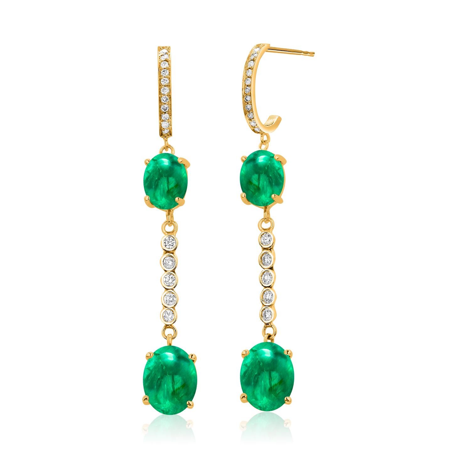 Women's Four Cabochon Emerald Diamond 8.20 Carat Yellow Gold Two Inch Long Hoop Earrings