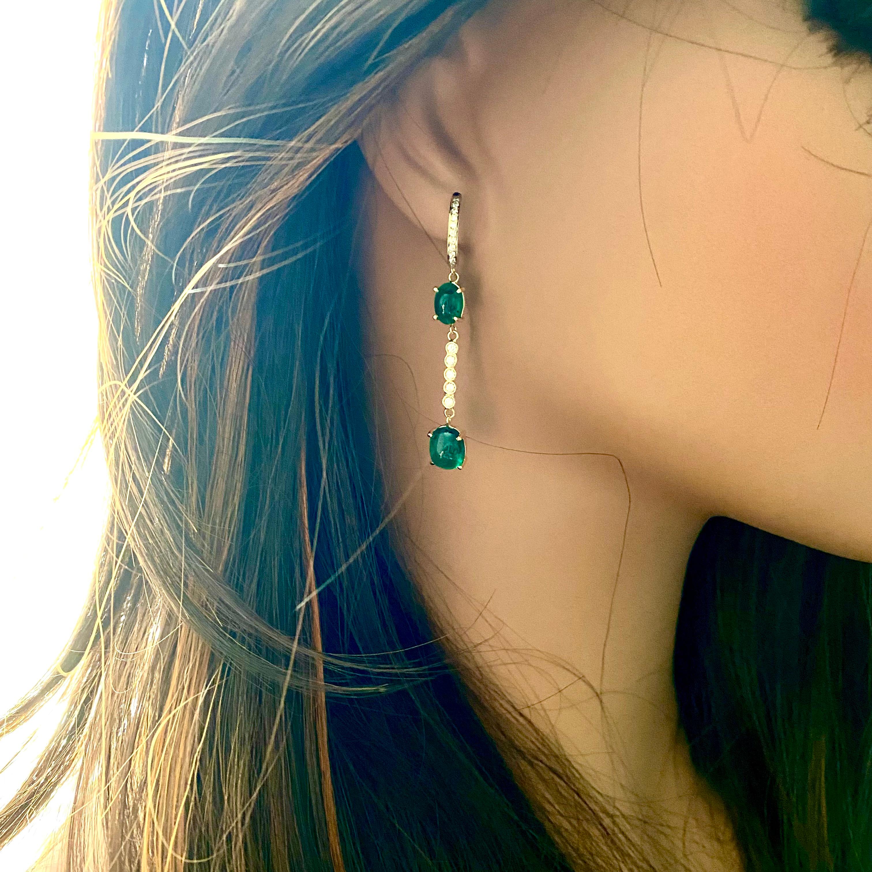Four Cabochon Emerald Diamond 8.20 Carat Yellow Gold Two Inch Long Hoop Earrings 1