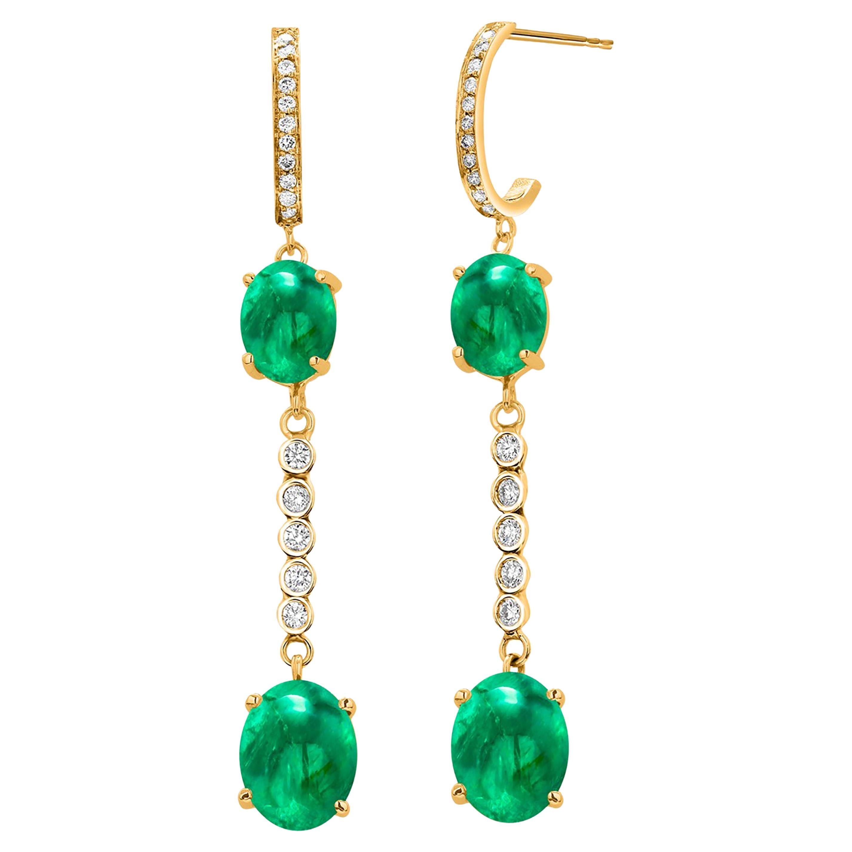 Four Cabochon Emerald Diamond 8.20 Carat Yellow Gold Two Inch Long Hoop Earrings